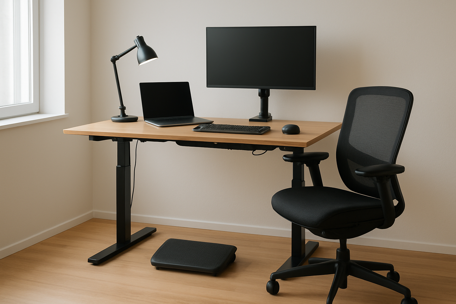 Create a realistic image of a modern ergonomic home office workspace featuring an adjustable standing desk with a laptop, an ergonomic chair with proper lumbar support, a monitor at eye level on an adjustable arm, proper LED lighting from a desk lamp, a keyboard and mouse at comfortable height, a footrest under the desk, and good cable management, set against a clean minimalist background with natural lighting from a nearby window, creating a professional and health-conscious work environment that promotes good posture, absolutely NO text should be in the scene.