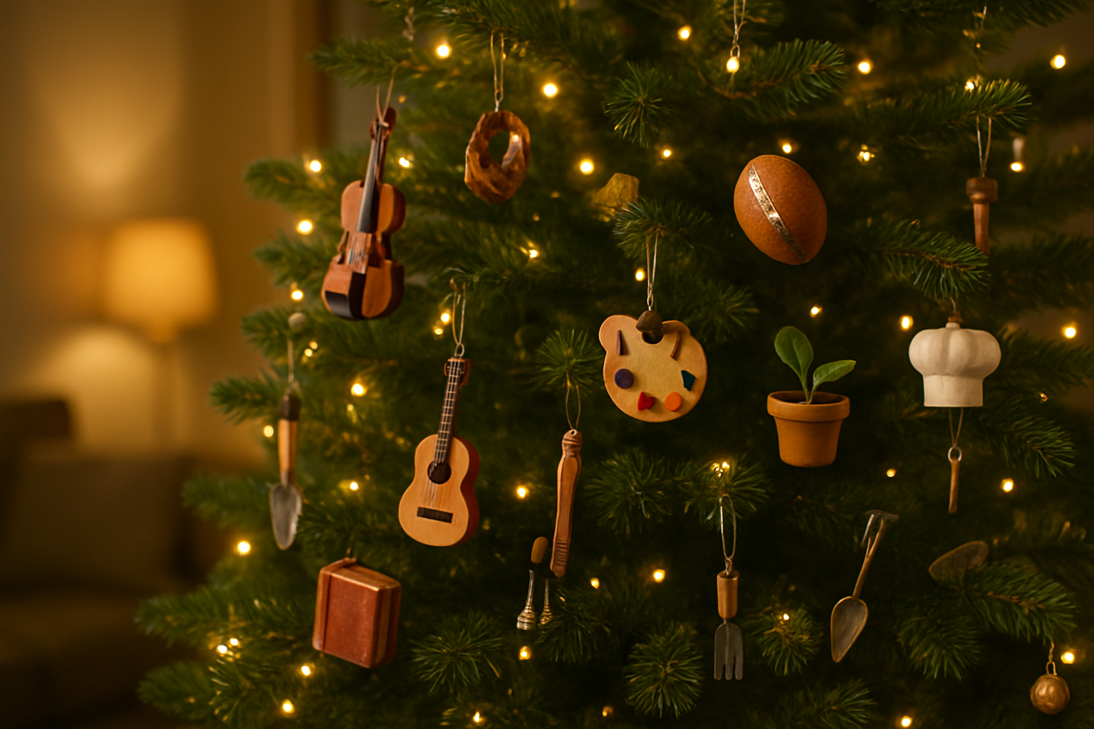 Create a realistic image of a beautifully decorated Christmas tree showcasing multiple hobby-themed ornaments including miniature sports equipment like tiny footballs and baseball gloves, small musical instruments like violins and guitars, miniature art supplies like paint brushes and palettes, tiny books and reading glasses, small gardening tools and mini potted plants, cooking-themed decorations like tiny chef hats and utensils, all hanging as ornaments among traditional green pine branches with warm golden string lights, set in a cozy living room with soft ambient lighting creating a festive atmosphere, absolutely NO text should be in the scene.
