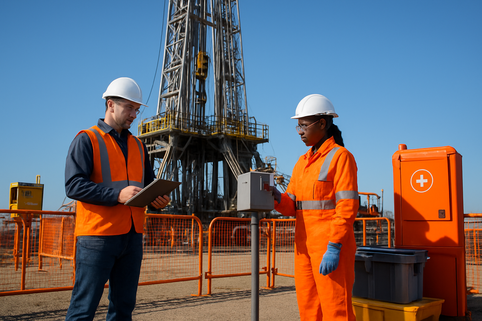 Create a realistic image of an onshore oil drilling rig with modern safety equipment including bright orange safety barriers, emergency response stations, spill containment systems, and environmental monitoring devices, featuring a white male engineer in a hard hat and high-visibility vest inspecting safety protocols while a black female environmental specialist in protective gear checks monitoring equipment, set against a clear blue sky with the industrial rig structure prominently displayed, emphasizing clean and well-maintained safety infrastructure with professional lighting that highlights the safety and environmental protection measures. Absolutely NO text should be in the scene.