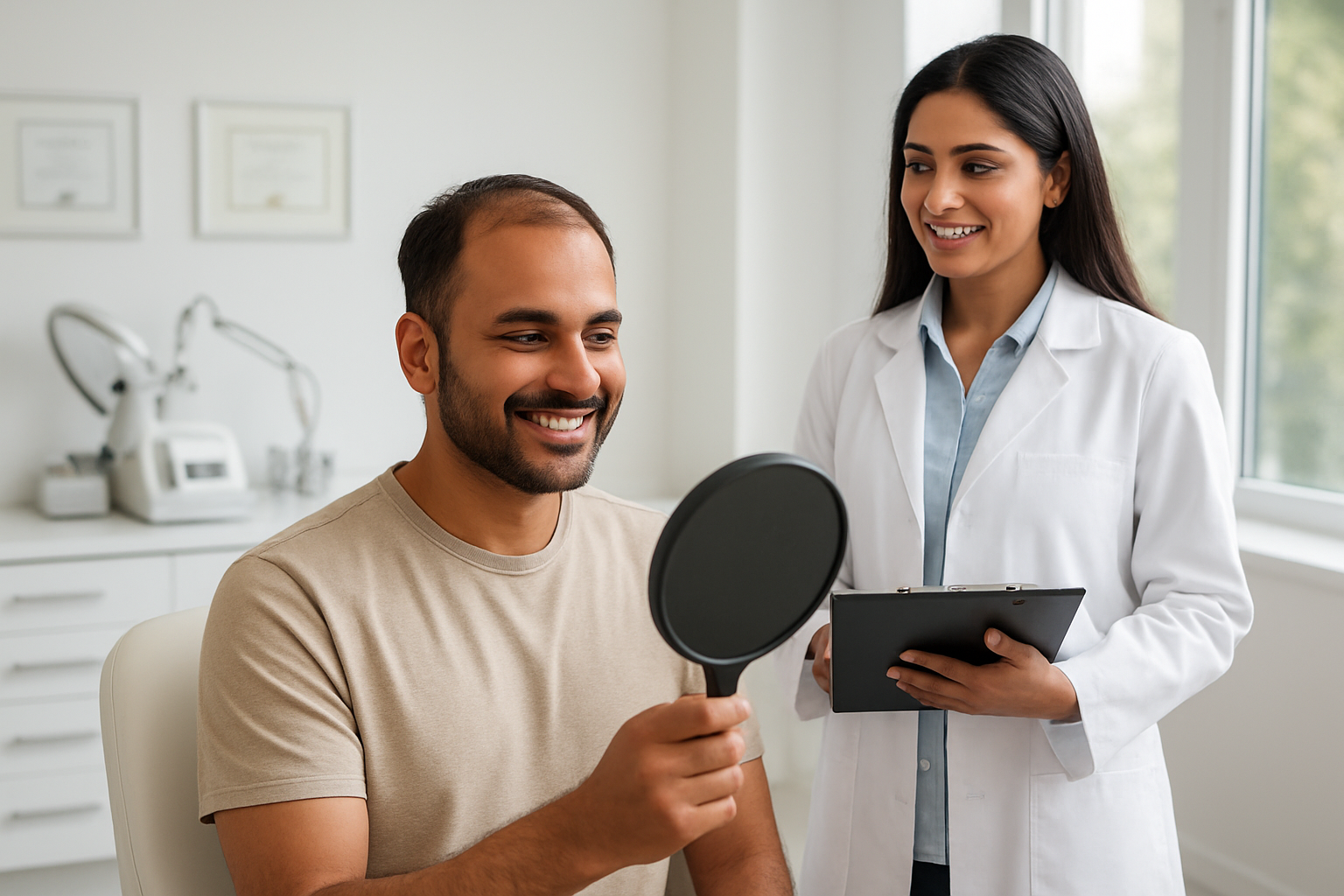 Create a realistic image of a confident South Asian male patient sitting in a modern, well-lit hair transplant clinic consultation room, showing a satisfied expression while looking at himself in a handheld mirror, with a professional South Asian female doctor in a white coat standing beside him holding a clipboard, the background featuring clean white medical furniture, advanced hair transplant equipment, certificates on the wall, natural lighting streaming through large windows, creating a reassuring and professional atmosphere that conveys successful treatment completion and patient satisfaction, absolutely NO text should be in the scene.
