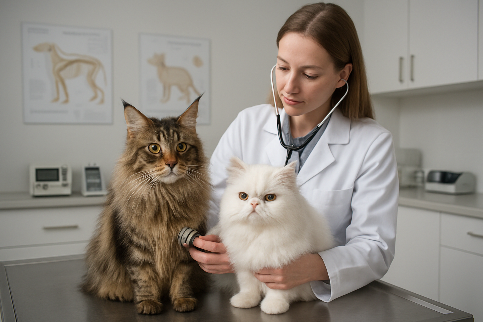 Create a realistic image of a veterinary examination table with a Maine Coon cat and a Persian cat sitting side by side, while a white female veterinarian in a white coat examines them with a stethoscope, with medical charts and health monitoring equipment visible on the counter in the background, soft clinical lighting illuminating the clean modern veterinary office setting, conveying a professional healthcare atmosphere focused on pet wellness and longevity, absolutely NO text should be in the scene.