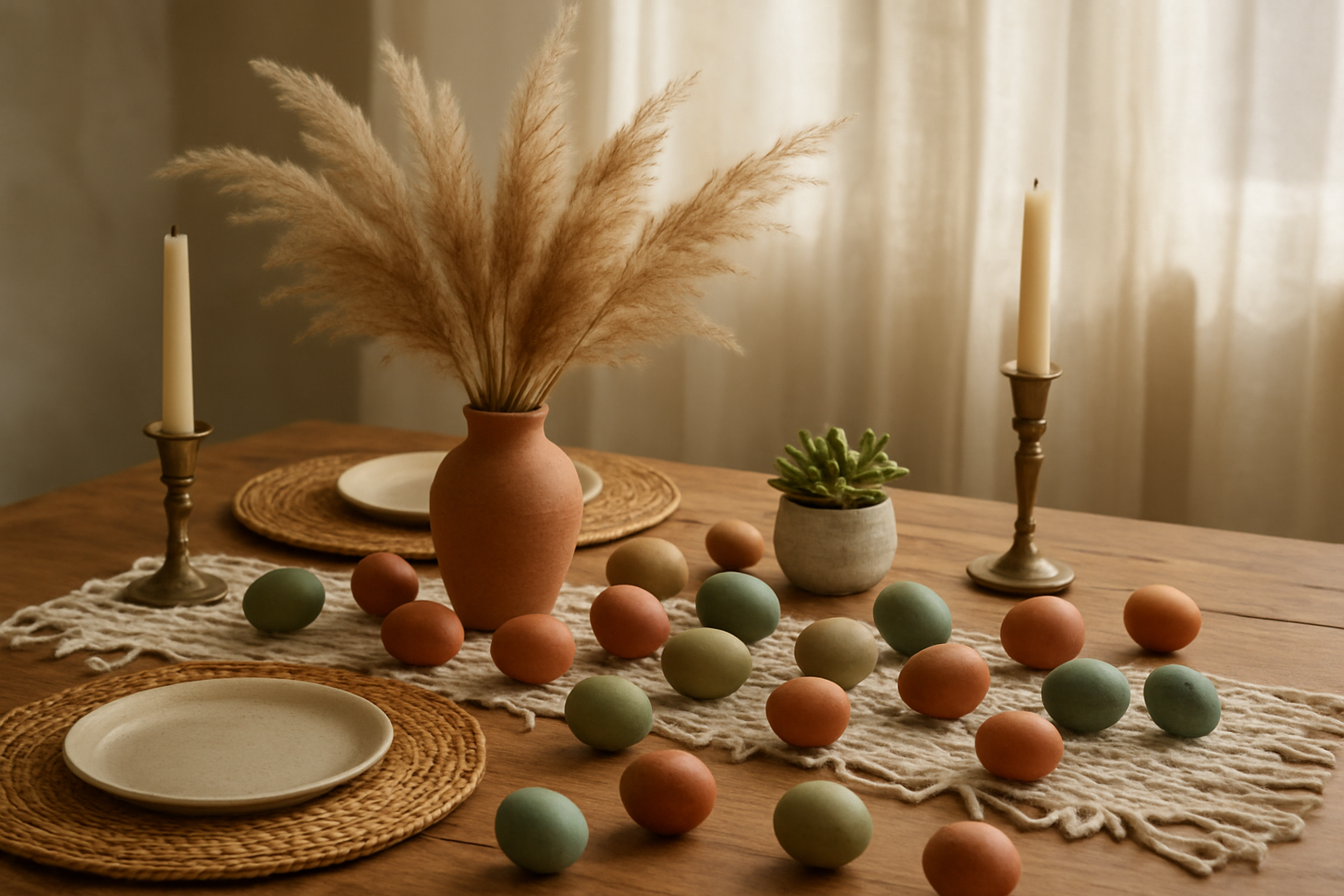 Create a realistic image of a bohemian-style Easter tablescape featuring macrame table runners, dried pampas grass in terracotta vases, naturally dyed Easter eggs in earthy tones of rust and sage green scattered across a wooden table, vintage brass candlesticks with cream candles, woven rattan charger plates, and small succulents in handmade ceramic pots, set against a softly lit indoor space with natural light filtering through sheer curtains, creating a warm and creative artistic atmosphere. Absolutely NO text should be in the scene.