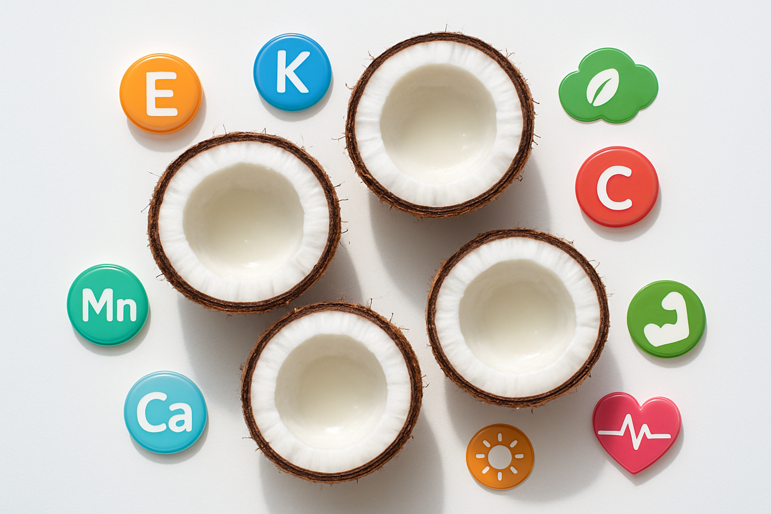 Create a realistic image of fresh coconuts cut in half displaying white coconut meat alongside coconut water, arranged on a clean white surface with colorful nutrition facts infographic elements like vitamin icons, mineral symbols, and health benefit illustrations scattered around, soft natural lighting from above, clean modern composition emphasizing the nutritional aspects of coconuts, absolutely NO text should be in the scene.