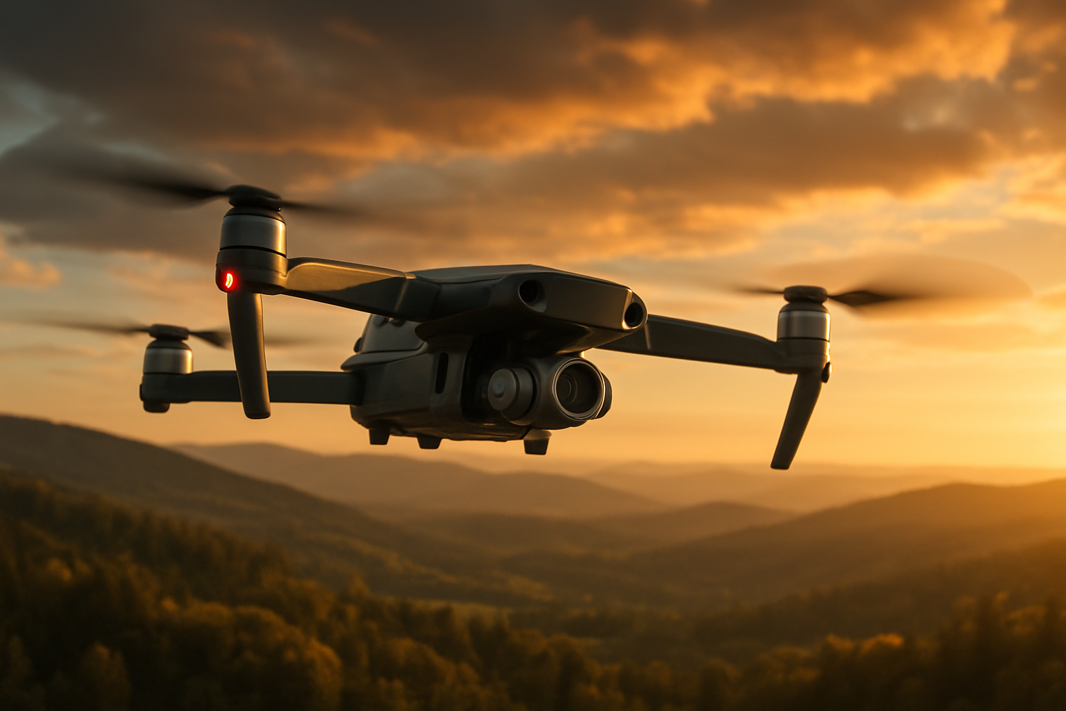 Create a realistic image of a high-end drone in mid-flight against a dramatic golden hour sky, with its propellers spinning and creating subtle motion blur, showcasing advanced flight stabilization with the drone perfectly level while navigating through a scenic landscape of rolling hills and forests below, captured from a dynamic angle that emphasizes the drone's sleek aerodynamic design and precision engineering, with warm cinematic lighting highlighting the aircraft's metallic surfaces and LED indicators, conveying professional aerial photography capabilities and advanced flight performance technology, absolutely NO text should be in the scene.