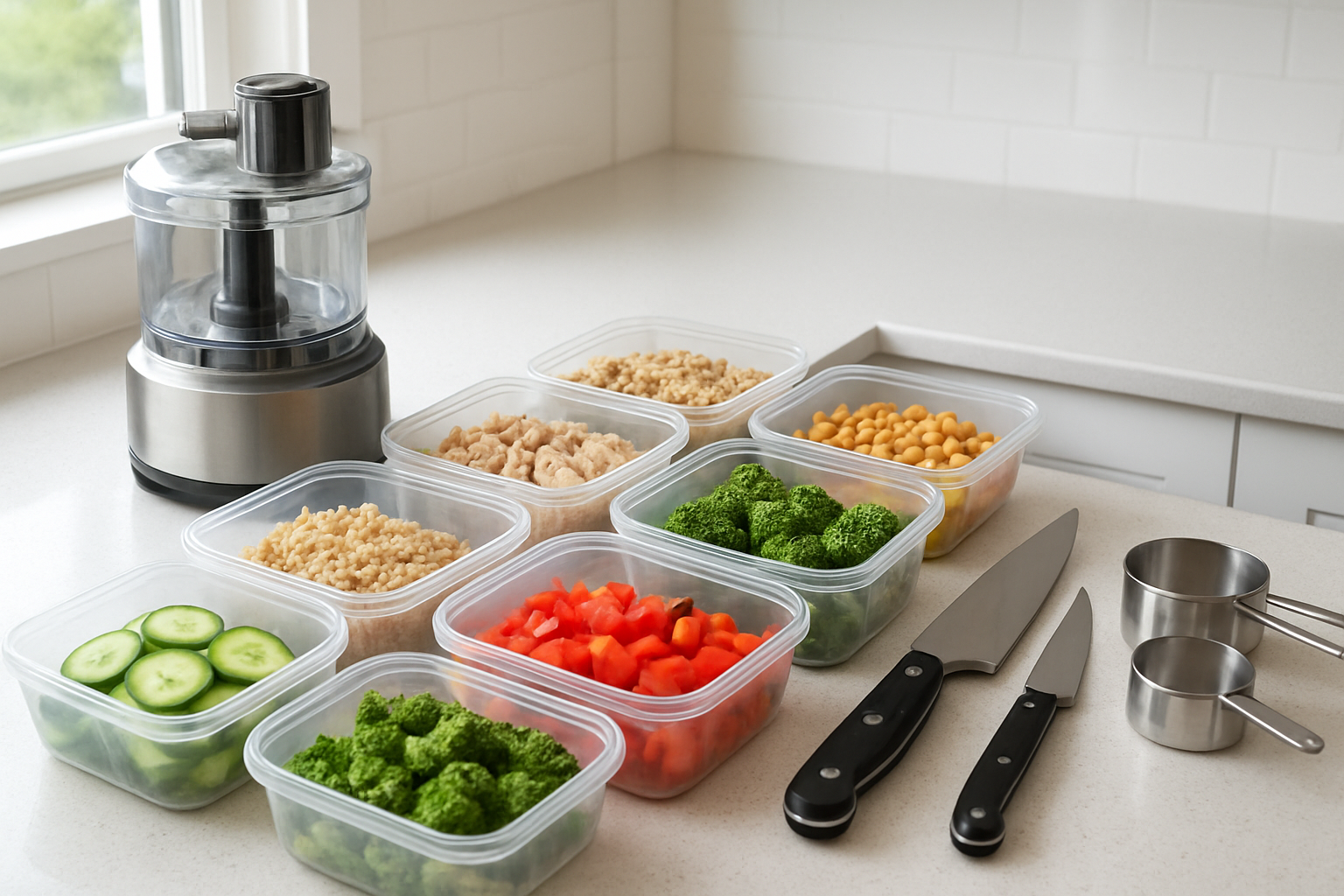 Create a realistic image of a modern kitchen counter with organized meal prep containers filled with pre-cut vegetables, cooked grains, and portioned proteins, alongside time-saving kitchen tools like a food processor, sharp knives, and measuring cups, with a clean white kitchen background featuring natural lighting from a window, conveying an efficient and organized meal preparation workspace. Absolutely NO text should be in the scene.