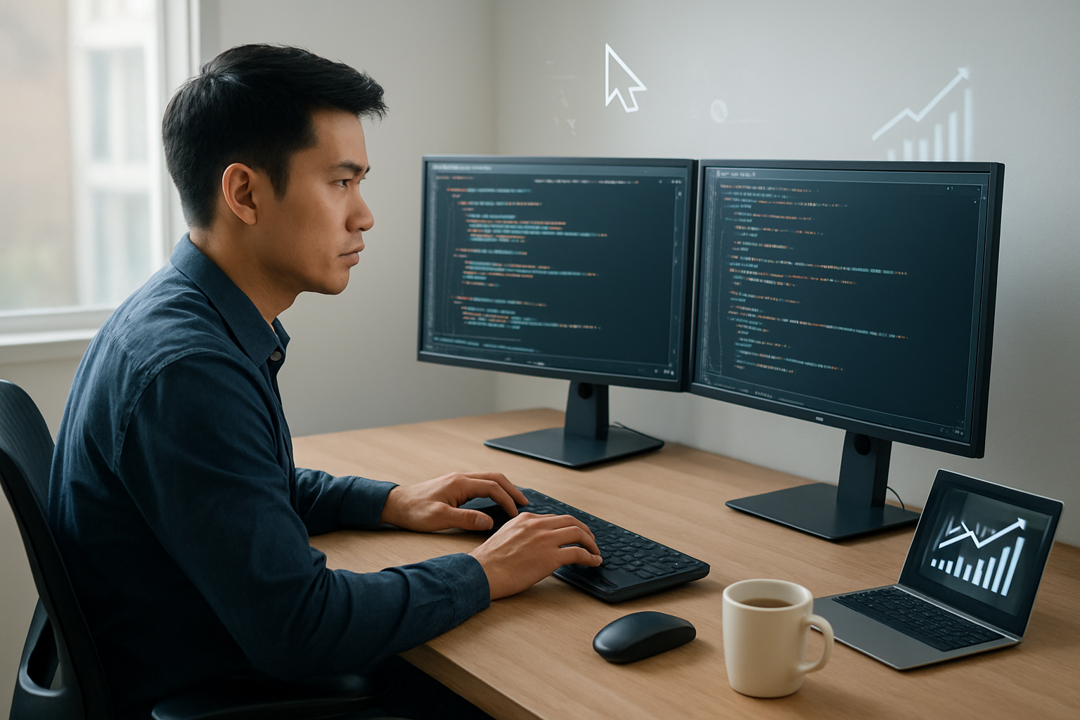 Create a realistic image of a focused Asian male developer sitting at a modern workstation with dual monitors displaying code on screen, a sleek laptop, and a digital clock showing increased productivity metrics, surrounded by a clean, well-lit office environment with natural lighting from a window, coffee cup nearby, and subtle AI-themed visual elements like floating cursor icons and productivity graphs in the background, conveying efficiency and technological advancement, absolutely NO text should be in the scene.
