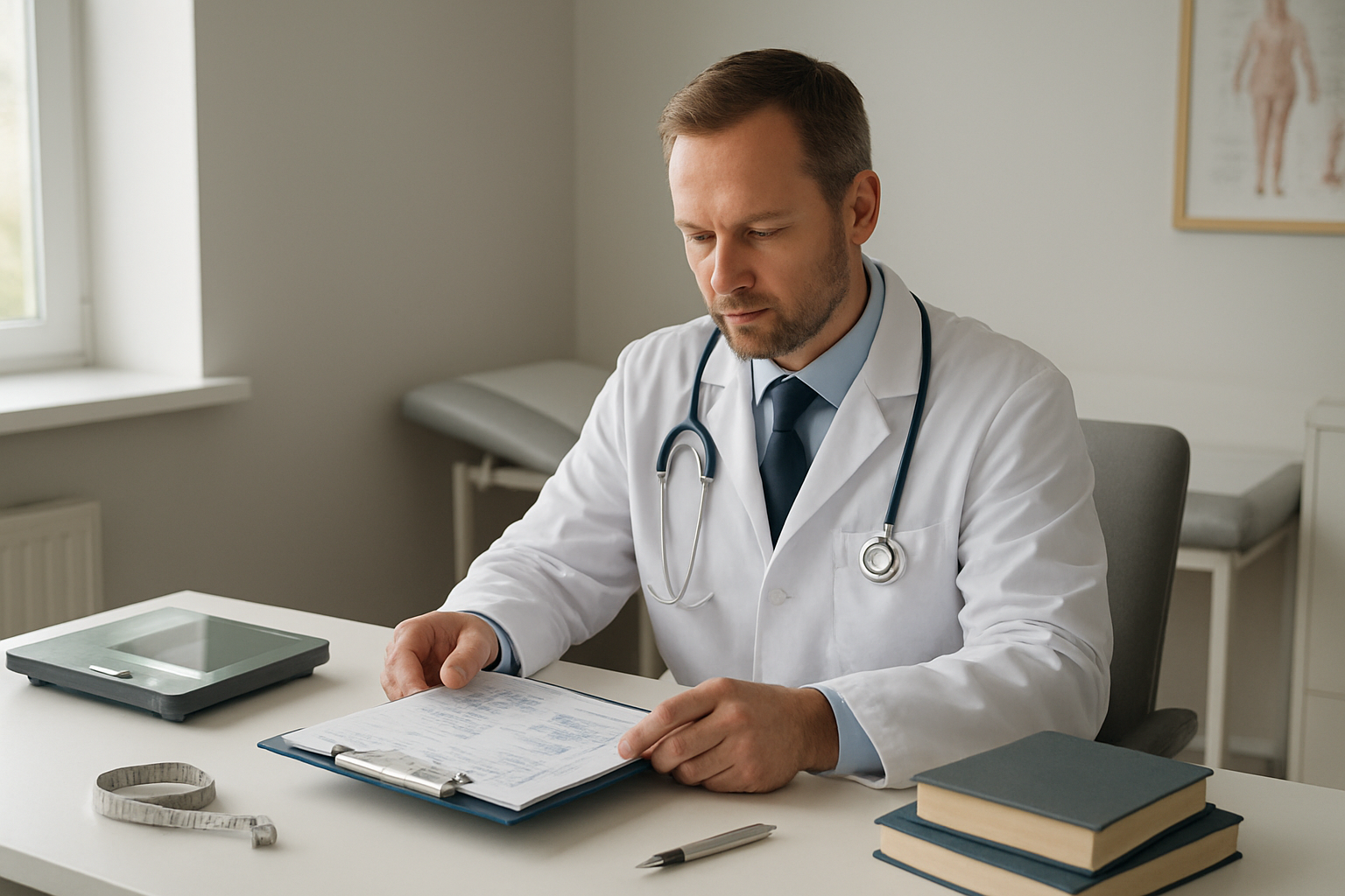 Create a realistic image of a clean, modern medical consultation room with a white male doctor in his 40s wearing a white coat sitting at a desk reviewing medical charts and dosage guidelines, with a scale, measuring tools, and medical reference books visible on the desk, soft natural lighting from a window, professional healthcare environment with neutral colors, calm and trustworthy atmosphere, absolutely NO text should be in the scene.