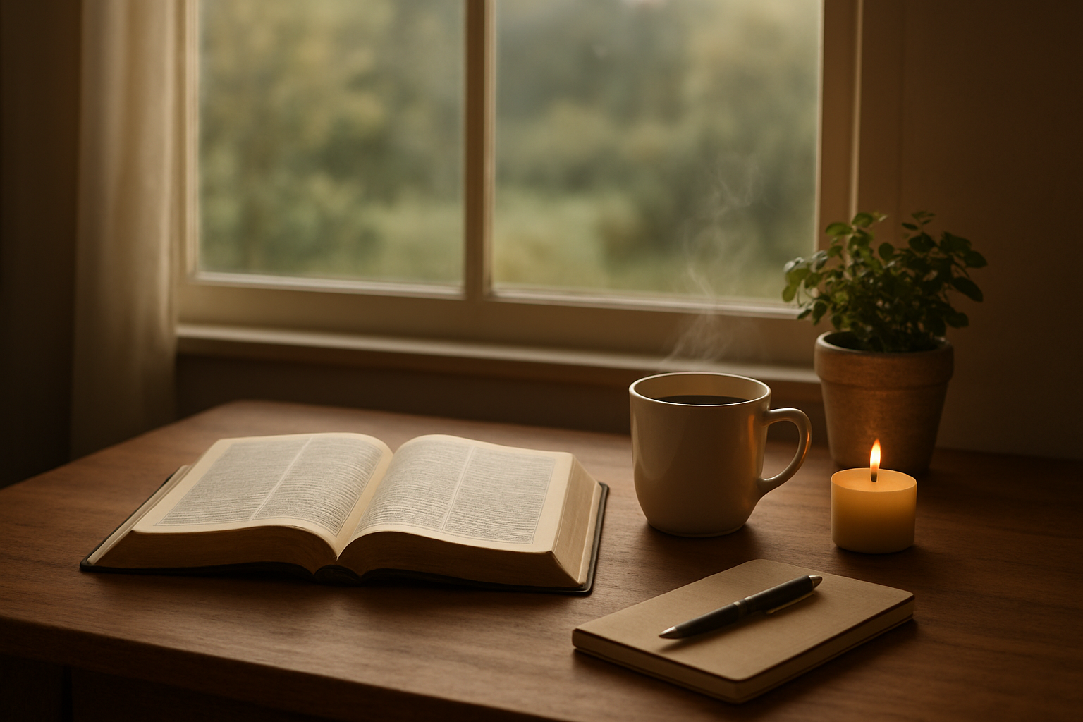 Create a realistic image of a peaceful morning scene showing a simple wooden desk by a window with soft natural sunlight streaming in, featuring an open Bible or devotional book, a steaming cup of coffee, a small journal with a pen beside it, a lit candle, and a small potted plant, with the background showing a serene view through the window of either a garden or gentle landscape, conveying a calm and contemplative atmosphere perfect for daily spiritual practice, absolutely NO text should be in the scene.