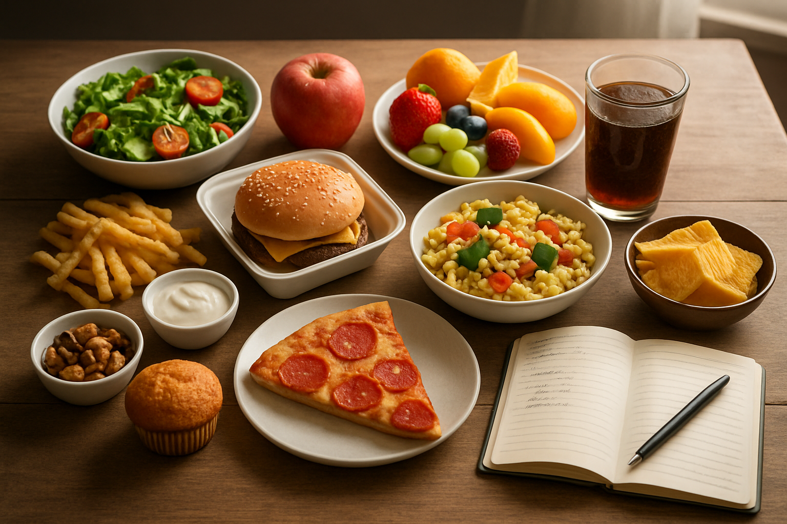 Create a realistic image of a diverse collection of different meals and snacks arranged on a wooden table representing various eating patterns, including healthy options like fresh fruits, vegetables, and salads alongside less healthy choices like fast food, processed snacks, and sugary drinks, with a food diary or journal notebook open nearby showing handwritten meal tracking, soft natural lighting from a window creating gentle shadows, warm and contemplative mood suggesting self-reflection and awareness of dietary habits, absolutely NO text should be in the scene.