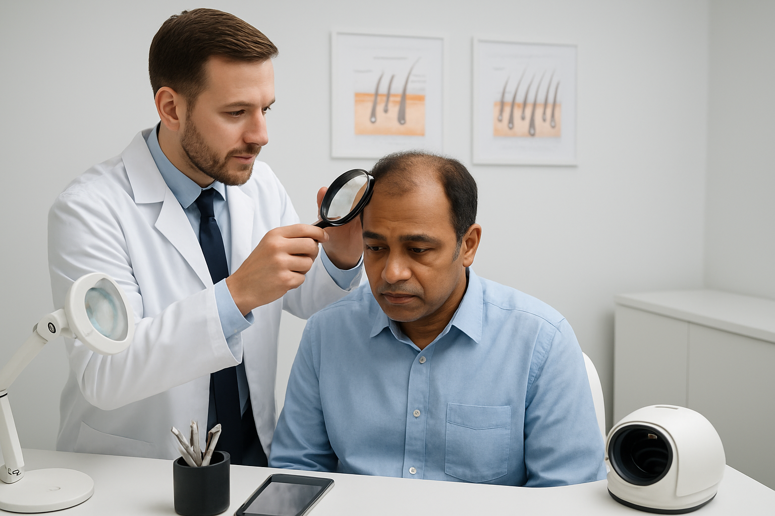 Create a realistic image of a comprehensive hair transplant journey showing a medical consultation room with a white male doctor in professional attire examining a middle-aged Indian male patient's scalp, modern medical equipment including magnifying tools and hair analysis devices on a clean white desk, medical charts showing hair follicle diagrams on the wall, bright clinical lighting creating a professional healthcare atmosphere, sterile medical environment with contemporary furniture, representing the complete process from initial consultation through treatment planning, absolutely NO text should be in the scene.