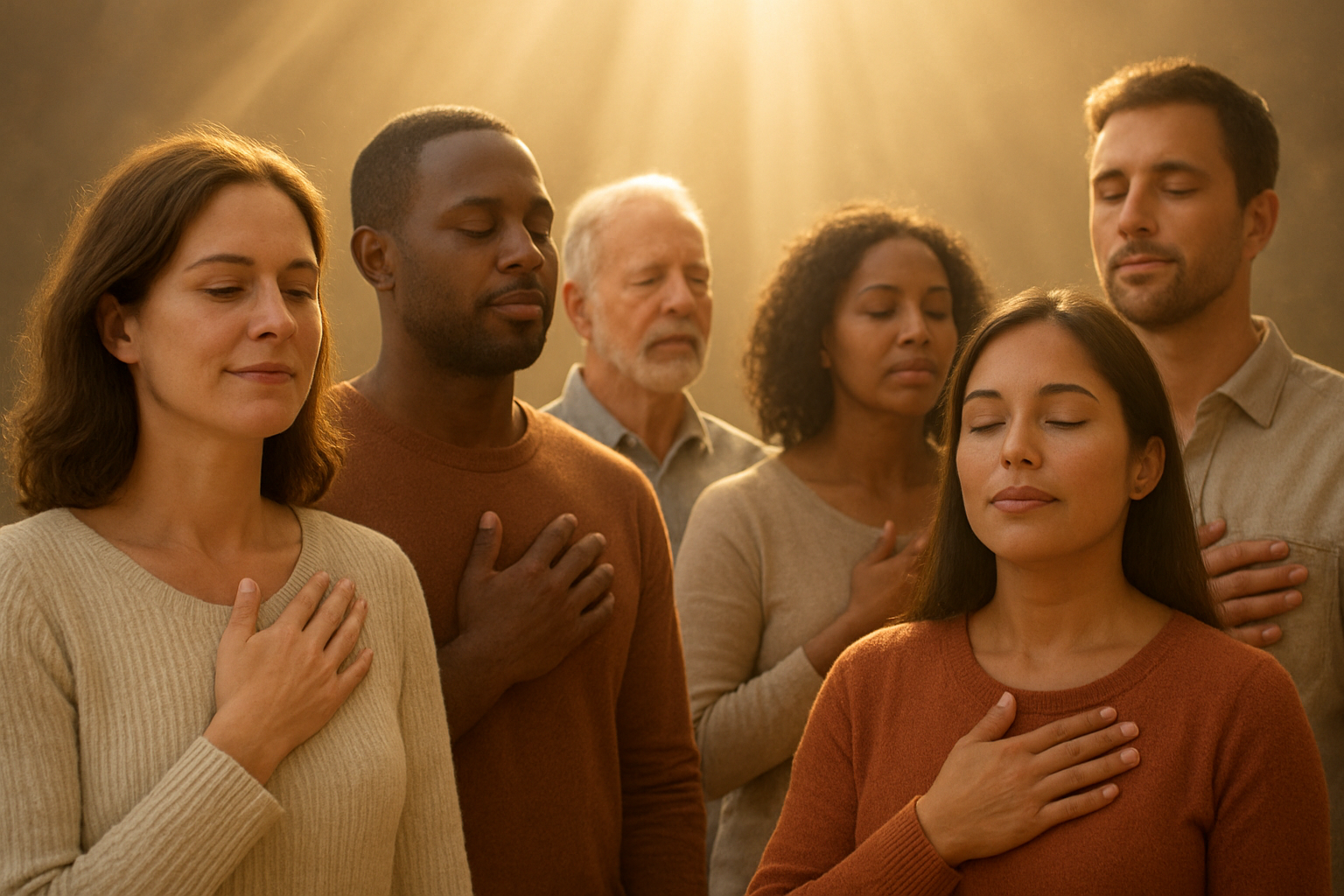 Create a realistic image of a diverse group of people including white, black, and Hispanic men and women of various ages standing together in a warm, golden-lit environment with their hands placed over their hearts, eyes closed in peaceful contemplation, with soft rays of warm sunlight streaming down from above creating an atmosphere of spiritual transformation and renewal, surrounded by a gentle, ethereal glow that suggests inner change and spiritual awakening, with expressions of serenity and hope on their faces, absolutely NO text should be in the scene.
