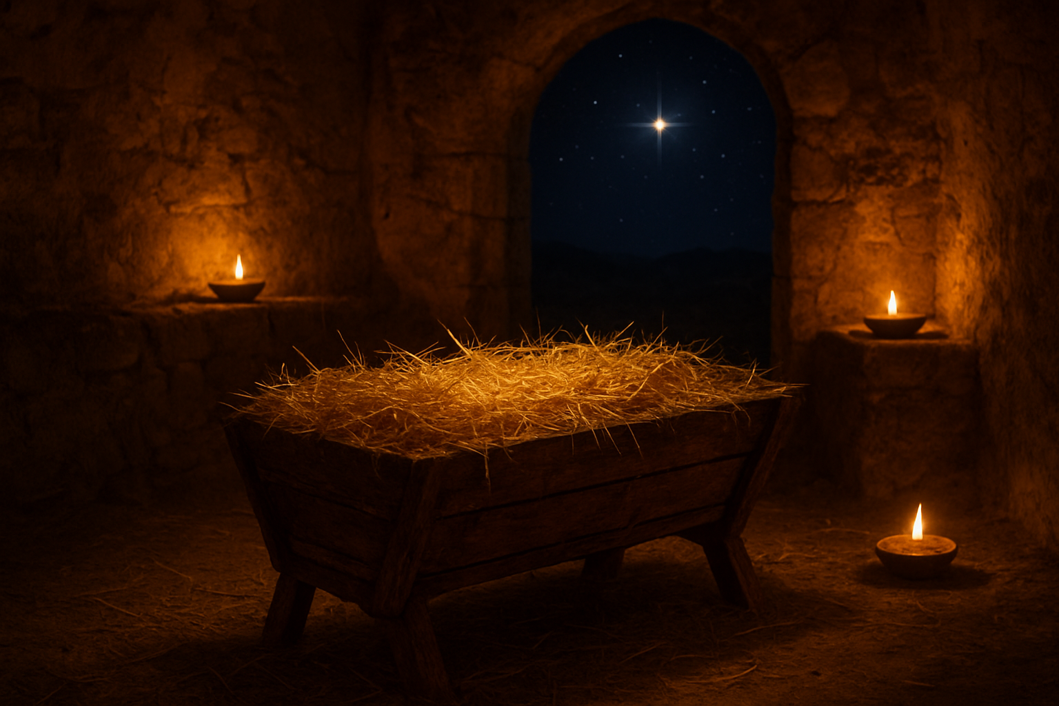 Create a realistic image of a rustic wooden manger filled with golden straw in the foreground, positioned in an ancient stone stable with weathered walls, soft warm candlelight illuminating the scene from clay oil lamps, creating gentle shadows and a peaceful, sacred atmosphere, with a starry night sky visible through an arched doorway in the background, conveying themes of humility, hope, and divine significance, rendered in warm earth tones of brown, gold, and amber. Absolutely NO text should be in the scene.