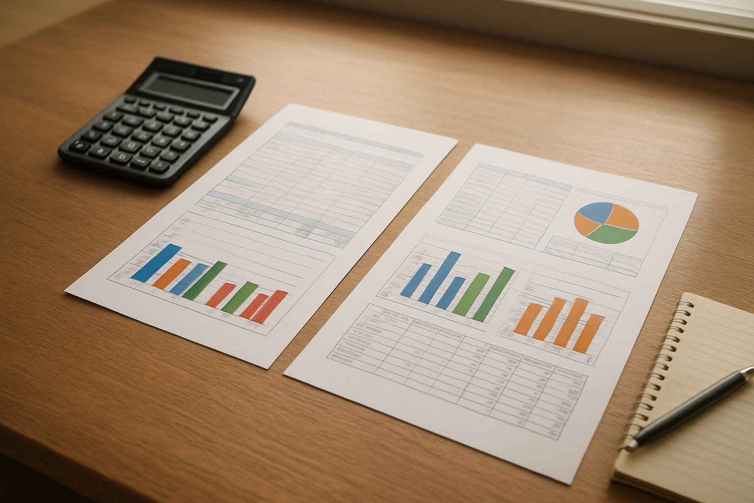 Create a realistic image of a clean wooden desk surface displaying three distinct budgeting comparison charts or spreadsheets laid out side by side, with a calculator, pen, and notebook nearby, featuring soft natural lighting from a window, warm and organized atmosphere suggesting financial planning and comparison analysis, with subtle shadows and depth. Absolutely NO text should be in the scene.