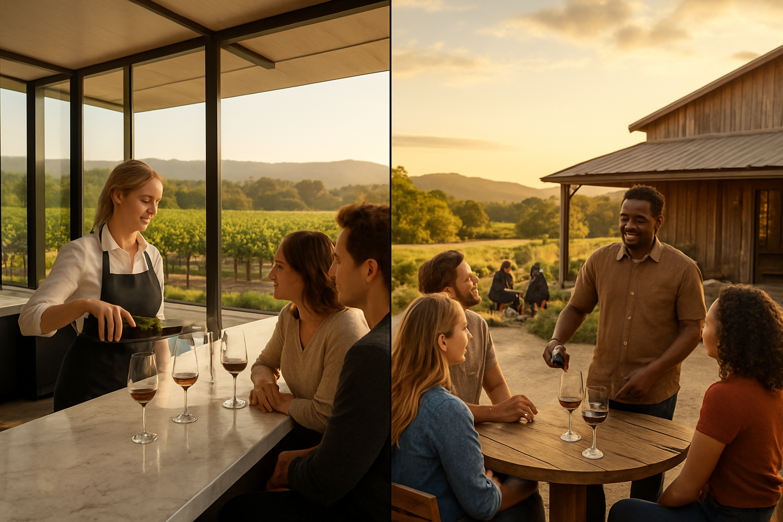 Create a realistic image of a split scene showcasing two distinct wine tasting experiences, with the left side depicting an elegant, upscale Napa Valley winery featuring a white female sommelier pouring wine for guests at a polished marble tasting bar with modern architecture and manicured vineyard views, while the right side shows a more relaxed, rustic Sonoma winery atmosphere with a black male vintner serving wine to visitors at a wooden farmhouse-style tasting room surrounded by rolling hills and casual outdoor seating areas, both scenes bathed in warm golden hour lighting that highlights the contrasting yet equally inviting atmospheres of each wine region, absolutely NO text should be in the scene.