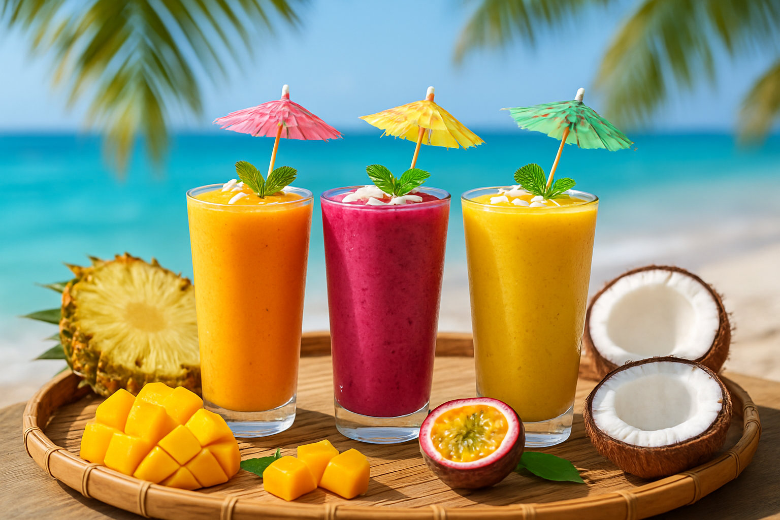 Create a realistic image of vibrant tropical smoothies in tall glasses arranged on a bamboo tray, featuring bright orange mango, pink dragon fruit, and yellow pineapple smoothies garnished with coconut flakes, fresh mint leaves, and colorful paper umbrellas, surrounded by fresh tropical fruits including sliced pineapple, mango chunks, coconut halves, and passion fruit, set against a bright tropical beach background with palm fronds and turquoise ocean water visible in soft focus, natural sunlight creating a warm paradise atmosphere, absolutely NO text should be in the scene.