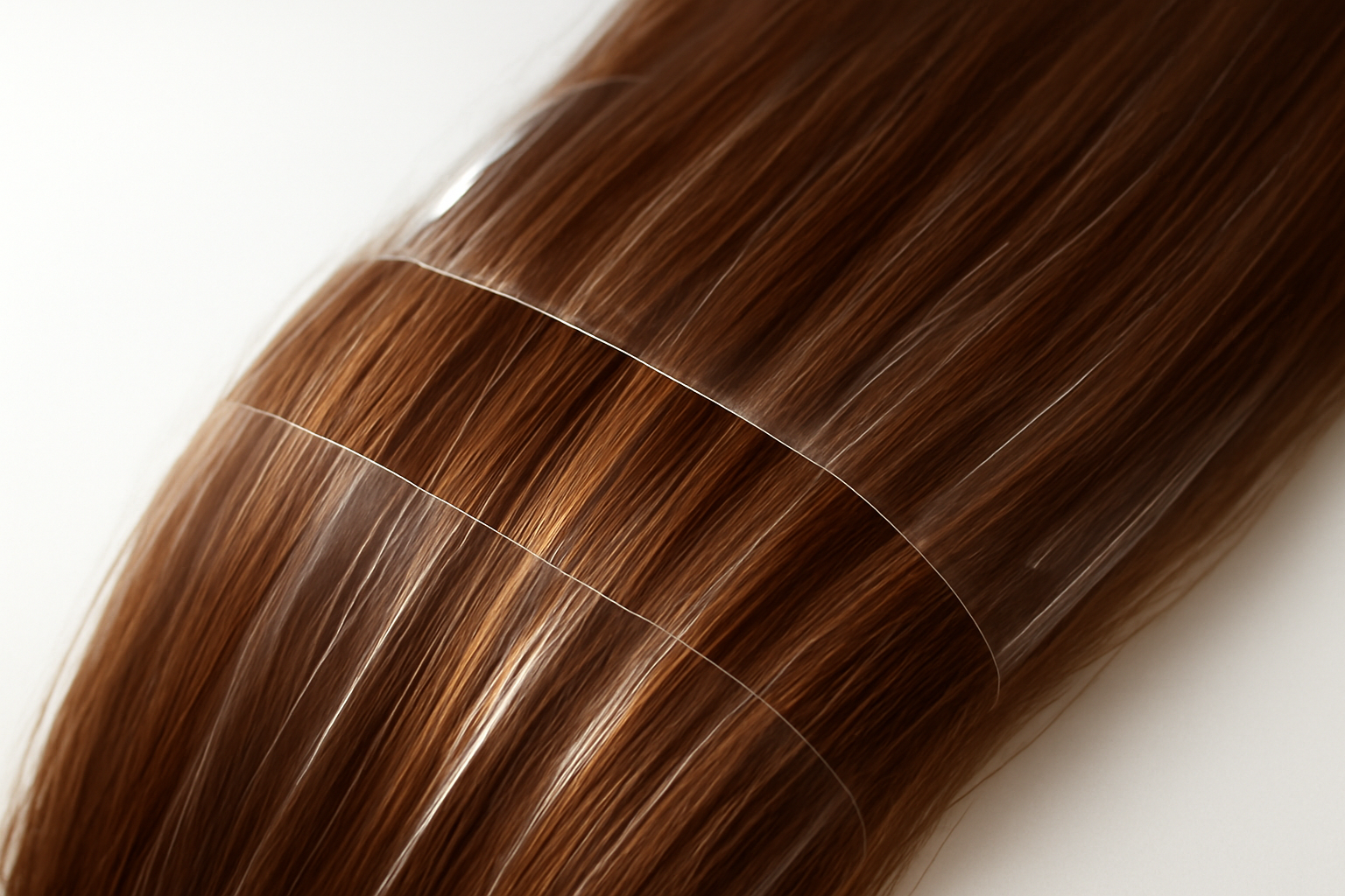 Create a realistic image of a close-up view of healthy, shiny hair strands with a visible protective transparent coating or film covering each strand, shot in soft natural lighting against a clean white background, with subtle golden highlights reflecting off the smooth hair surface to emphasize the protective barrier effect, showing the hair appearing strong and resilient with a glossy finish that suggests protection from environmental damage. Absolutely NO text should be in the scene.