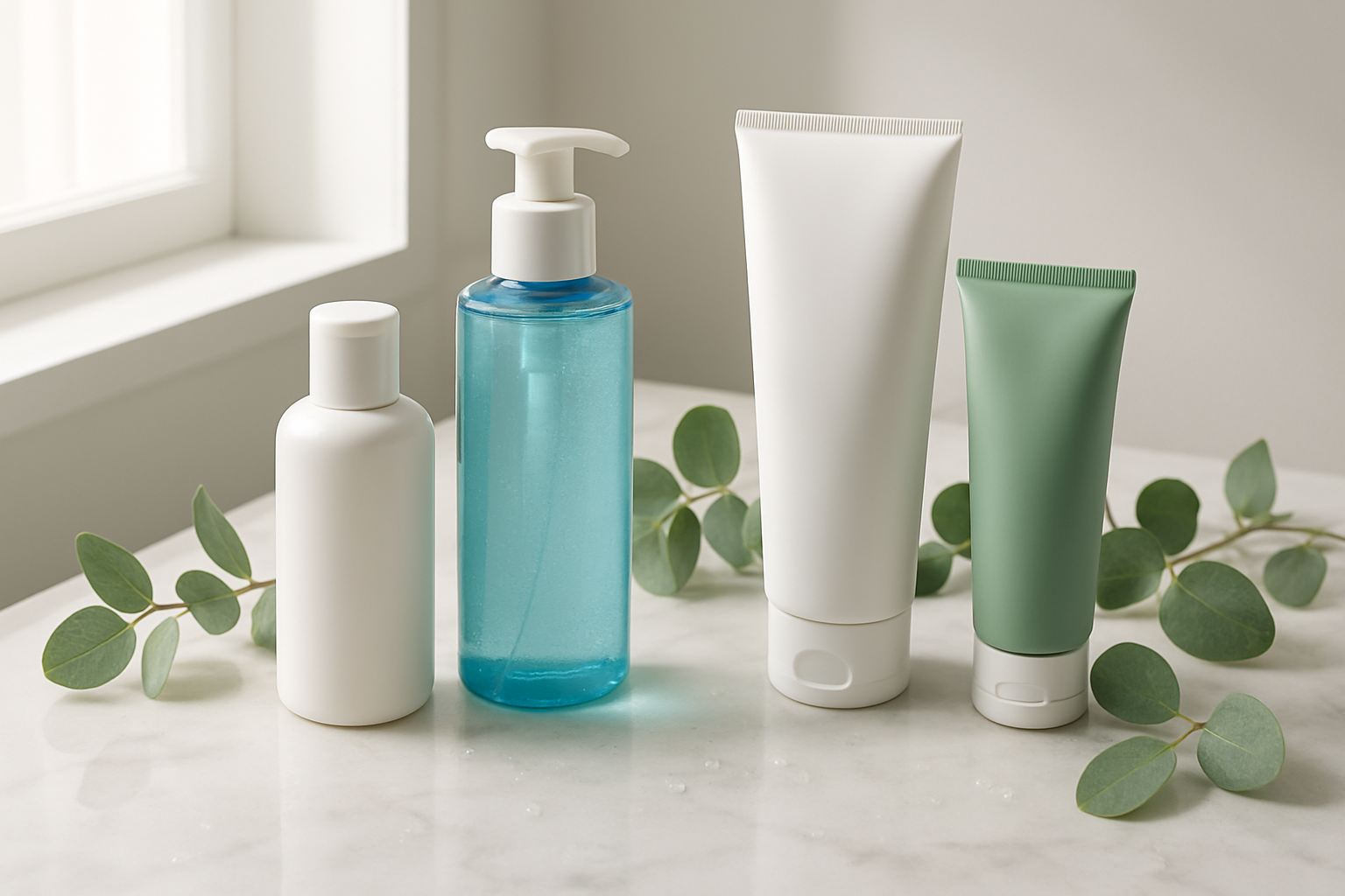 Create a realistic image of multiple premium face wash bottles and tubes arranged elegantly on a clean white marble bathroom countertop, featuring various sizes and modern packaging designs in colors like white, blue, and green, with soft natural lighting from a nearby window creating gentle shadows, surrounded by fresh green eucalyptus leaves and a few water droplets on the marble surface to suggest cleanliness and freshness, shot from a slightly elevated angle to showcase the product collection, with a bright and clean aesthetic that conveys skincare luxury and effectiveness, absolutely NO text should be in the scene.