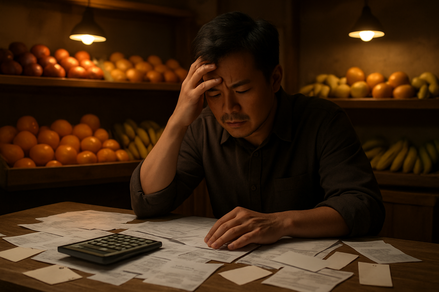 Create a realistic image of a frustrated Asian male fruit vendor sitting at a wooden desk surrounded by scattered financial documents, calculator, price tags, and receipts, with fresh fruits like apples, oranges, and bananas visible on shelves in the background, dramatic lighting casting shadows across the paperwork suggesting financial stress and confusion, warm indoor lighting from overhead fixtures illuminating a small fruit store interior, absolutely NO text should be in the scene.