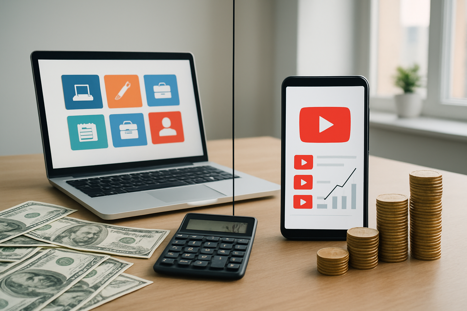 Create a realistic image of a split-screen composition showing two distinct paths: on the left side, a modern workspace with a laptop displaying freelancing platforms, scattered dollar bills, and a calculator representing immediate income, while on the right side, a smartphone or tablet showing YouTube's interface with play buttons, ascending graph charts, and coins stacked in increasing heights symbolizing long-term passive income growth, with a neutral office background, bright natural lighting, professional atmosphere, and a subtle dividing line down the middle to emphasize the comparison between the two income strategies, absolutely NO text should be in the scene.