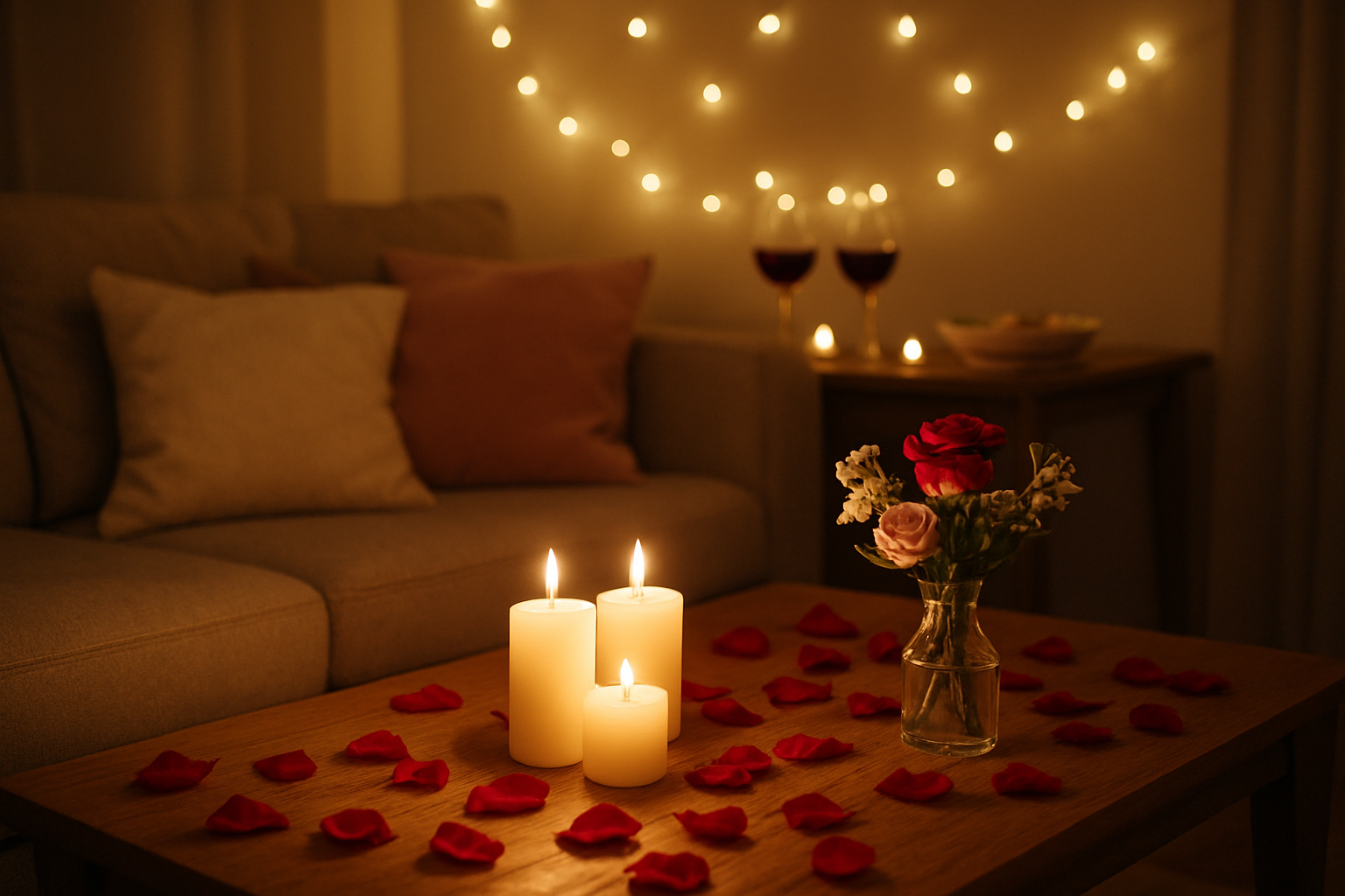 Create a realistic image of a cozy living room setup with romantic home decorations including lit candles on a coffee table, rose petals scattered around, dimmed warm lighting, soft throw pillows on a couch, a small vase with fresh flowers, and fairy string lights creating ambient atmosphere, with wine glasses and a simple home-cooked meal visible in the background, capturing an intimate and budget-friendly romantic evening scene, absolutely NO text should be in the scene.