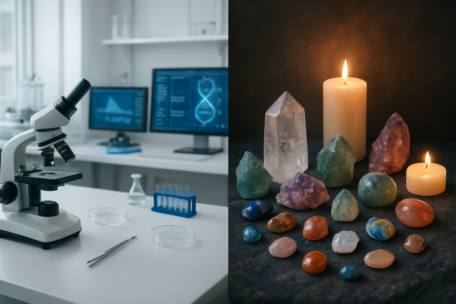 Create a realistic image of a split-screen composition showing a modern scientific laboratory on one side with precision instruments, microscopes, and data charts on screens, and on the other side various colorful crystals and gemstones arranged on a mystical-looking cloth with candles and ethereal lighting, with a clear visual divide between the two contrasting worlds of empirical science versus spiritual beliefs, shot in natural lighting that emphasizes the stark difference between evidence-based research and metaphysical claims, absolutely NO text should be in the scene.