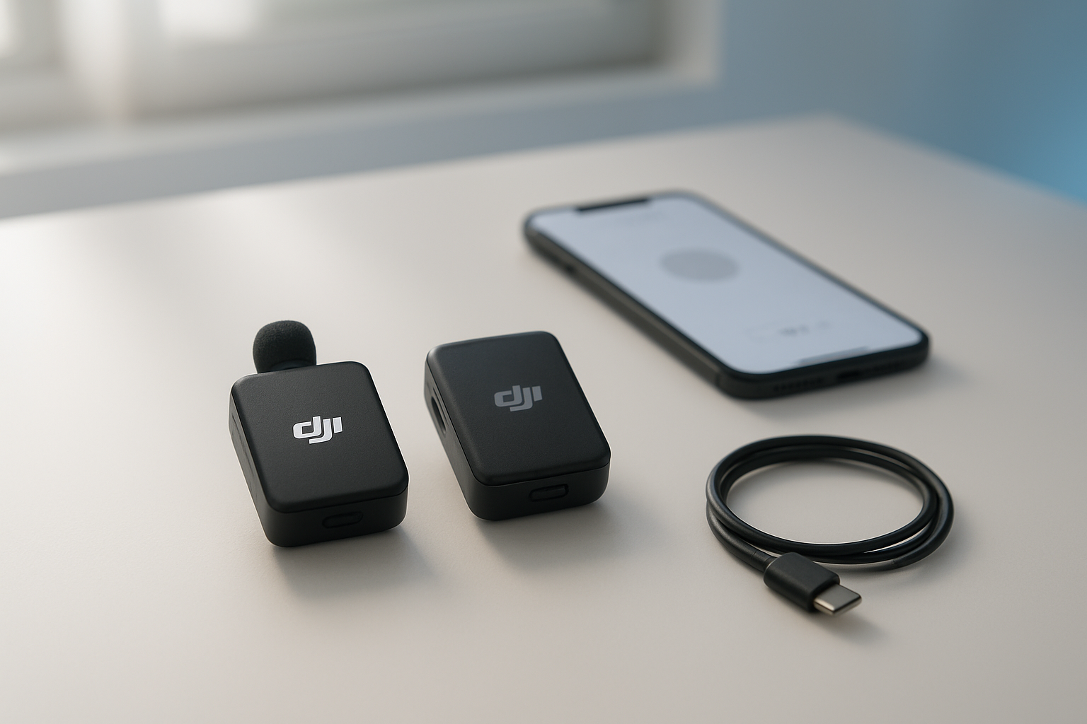 Create a realistic image of a DJI Mic Mini wireless microphone system laid out on a clean white desk surface showing the setup process, with the small black transmitter and receiver units positioned side by side, USB-C charging cable neatly arranged nearby, smartphone displaying a simple pairing interface in the background, soft natural lighting from a window creating gentle shadows, minimalist modern workspace environment with subtle blue accent lighting, demonstrating the straightforward plug-and-play nature of the device setup, absolutely NO text should be in the scene.