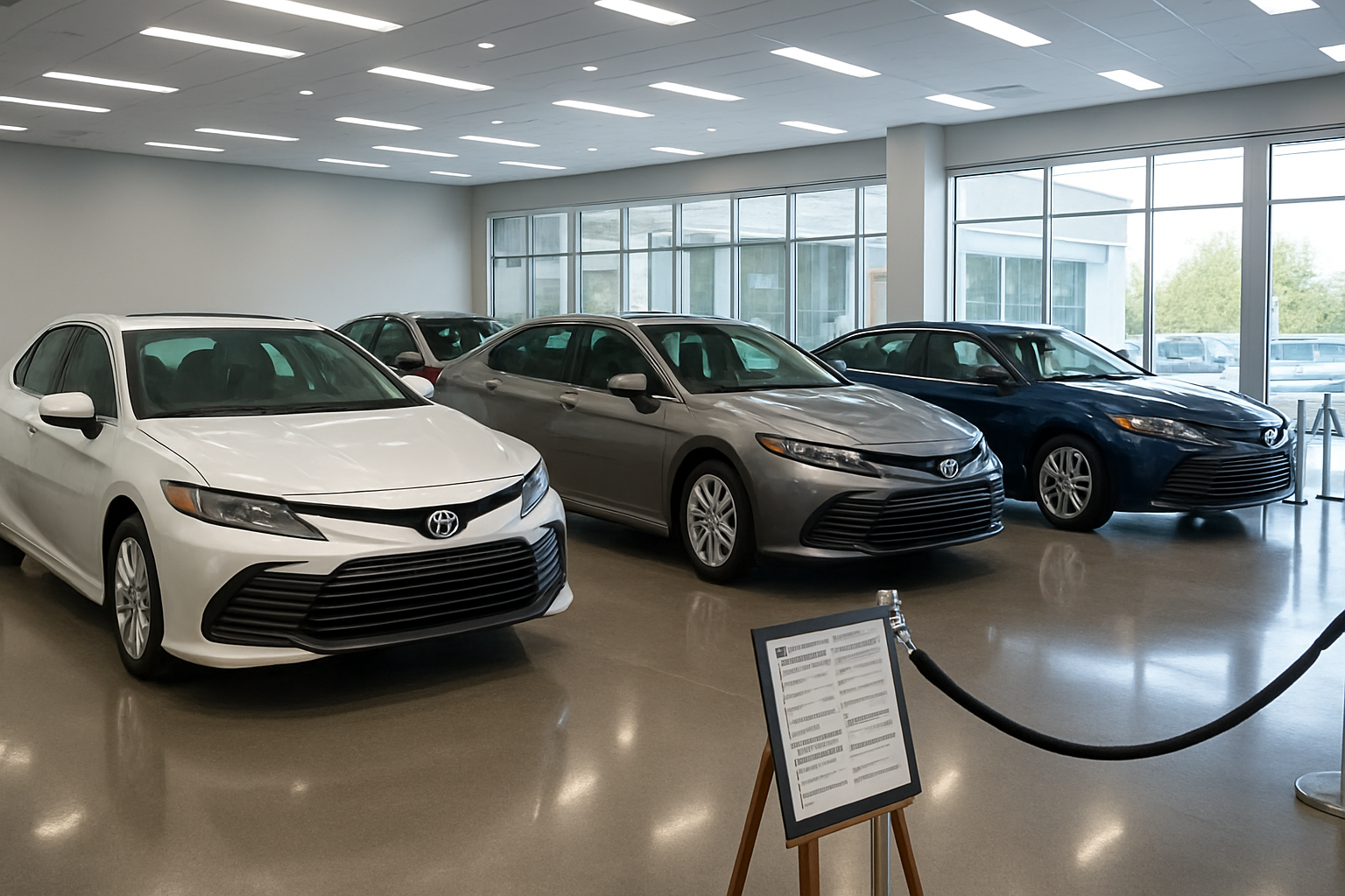 Create a realistic image of multiple 2025 Toyota Camry vehicles in different trim levels displayed in a modern car dealership showroom, featuring various colors including white, silver, black, and blue sedans positioned at different angles to showcase their design differences, with price comparison charts and specification boards visible on easel stands between the vehicles, clean polished concrete floors with reflective surfaces, bright LED lighting creating an upscale automotive retail environment, large windows allowing natural daylight to complement the interior lighting, professional automotive display setup with velvet rope barriers, absolutely NO text should be in the scene.