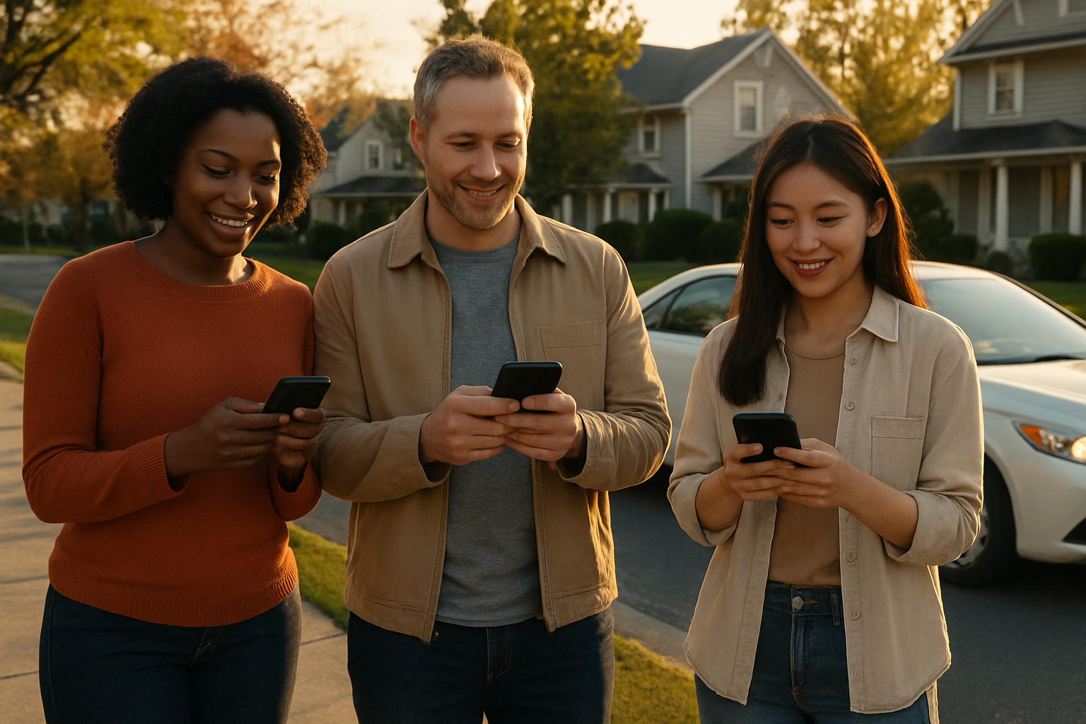 Create a realistic image of a diverse group of New Yorkers including a black female in her 30s, a white male in his 40s, and an Asian female in her 20s standing on a happy new york suburban street looking at their smartphones with satisfied expressions, while in the background a delivery person in their car is behind them driving past a suburban neighborhood, with warm golden hour lighting casting long shadows on the sidewalk, creating a scene that emphasizes accessibility and modern suburban convenience, absolutely NO text should be in the scene.