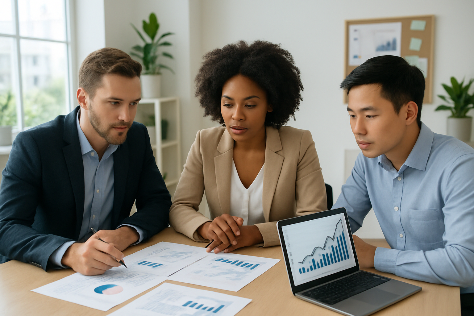 Create a realistic image of a diverse group of three professionals - a white male, black female, and Asian male - sitting around a modern conference table with financial documents, charts, and a laptop displaying upward trending graphs, surrounded by a bright, optimistic office environment with large windows showing natural daylight, potted plants, and motivational elements like a vision board with financial goals, depicting a collaborative wealth-building planning session with focused, determined expressions as they review investment strategies and budget plans, absolutely NO text should be in the scene.