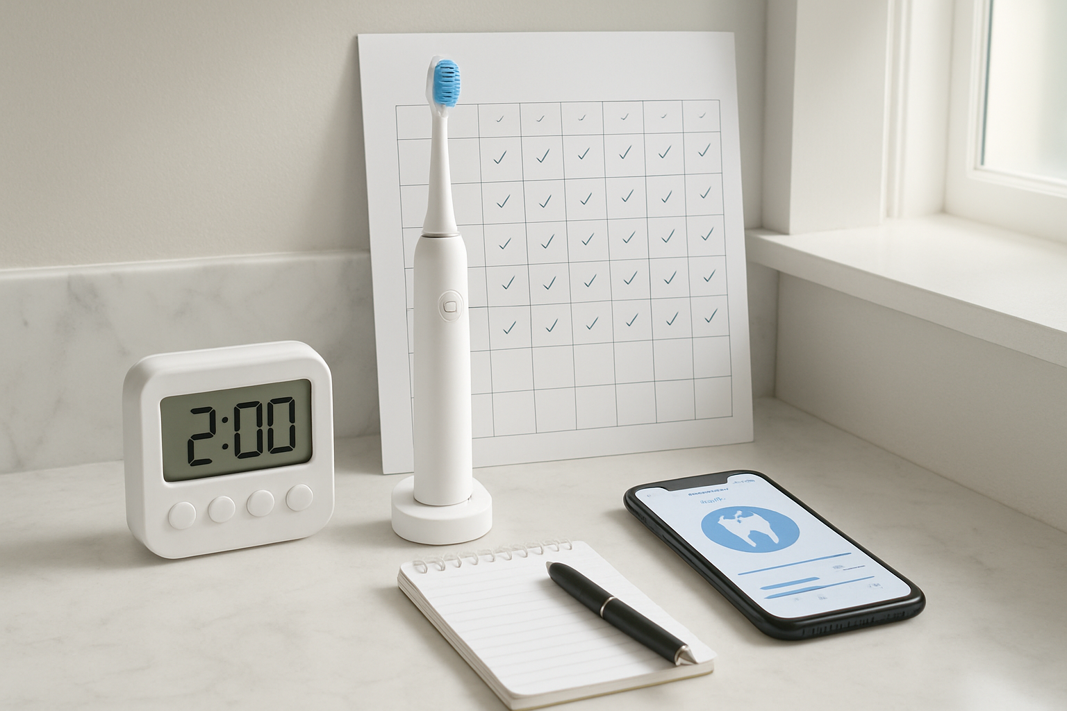 Create a realistic image of a clean bathroom counter with a digital timer showing 2:00, an electric toothbrush in a charging stand, a progress tracking chart or calendar with checkmarks, a small notepad with a pen, and a smartphone displaying a dental care app interface, all arranged neatly on a white marble countertop with soft natural lighting from a window, creating a organized and motivational atmosphere for dental hygiene tracking, absolutely NO text should be in the scene.