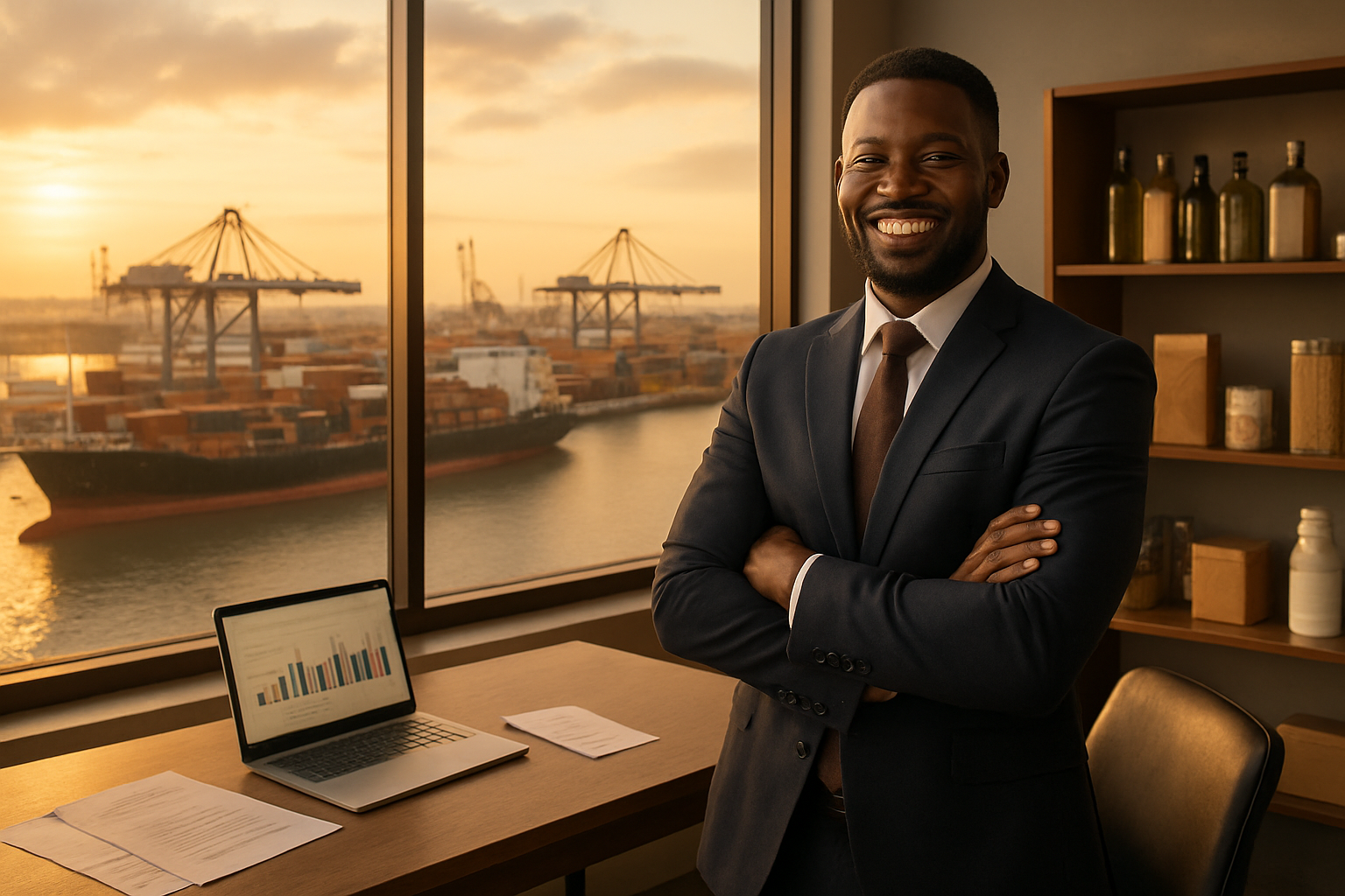 Create a realistic image of a successful black male entrepreneur standing confidently in a modern office overlooking the port of Tema in Ghana, with cargo ships and shipping containers visible in the background through large windows, a desk with import documents and a laptop showing business charts, shelves displaying various imported products, warm golden hour lighting streaming through the windows creating an atmosphere of achievement and success, absolutely NO text should be in the scene.
