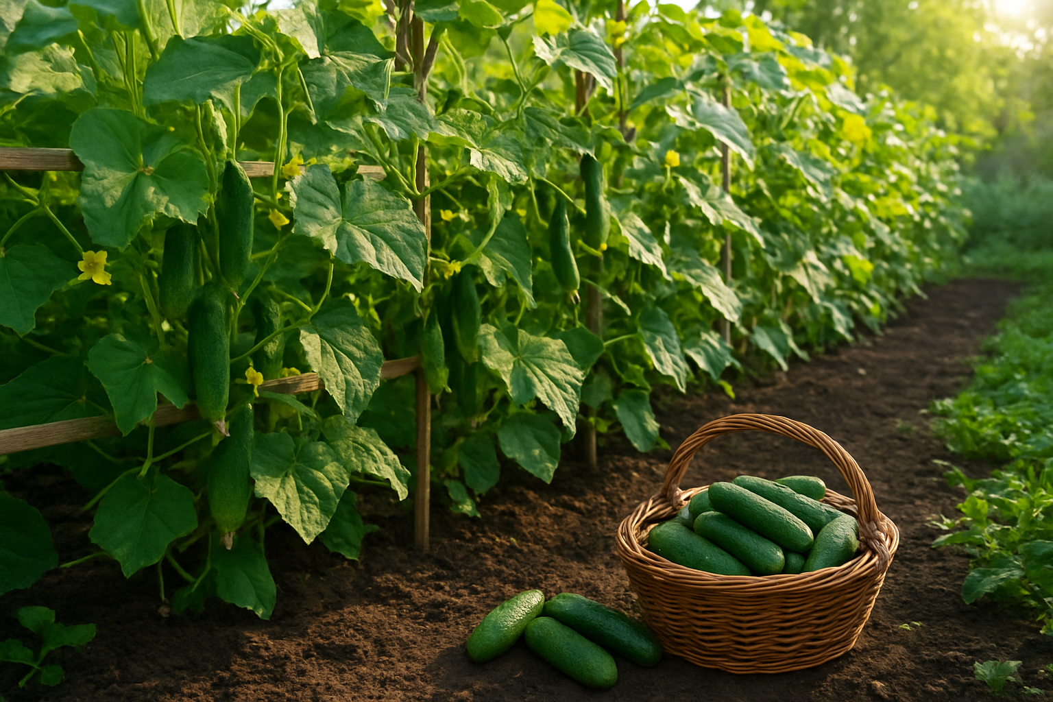 Create a realistic image of a thriving cucumber garden with lush green cucumber plants growing on wooden trellises, showing various stages of cucumber development from small flowers to mature cucumbers ready for harvest, with rich dark soil, morning sunlight filtering through the leaves creating natural shadows, and a few freshly harvested cucumbers in a wicker basket placed on the ground beside the plants, set in a well-maintained vegetable garden with a peaceful, productive atmosphere. Absolutely NO text should be in the scene.