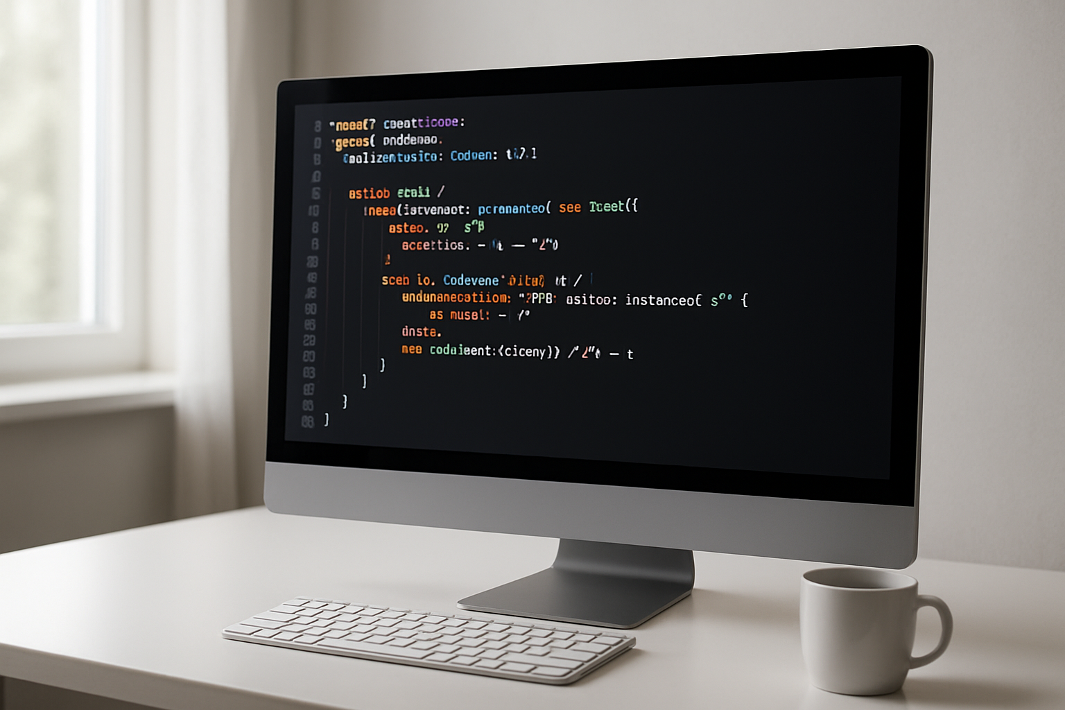 Create a realistic image of a modern computer monitor displaying Java code syntax with colorful syntax highlighting, showing enhanced language features like improved switch expressions and pattern matching, with a clean white desk setup, soft natural lighting from a window, and a minimalist programming workspace environment with a keyboard and coffee cup nearby, absolutely NO text should be in the scene.