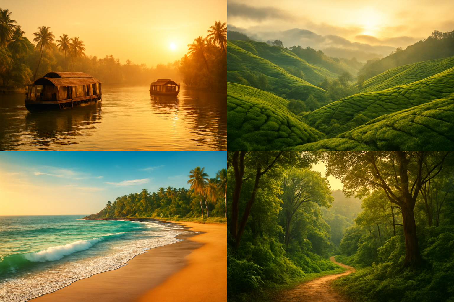 realistic image of a stunning collage-style composition showcasing the top destinations of Kerala, India, featuring the serene backwaters of Alleppey with traditional wooden houseboats gliding on calm waters, the lush green tea plantations of Munnar rolling across misty hills, the pristine beaches of Kovalam with golden sands and turquoise waves, and the dense tropical forests of Thekkady, all bathed in warm golden sunlight with a vibrant and inviting mood that captures the natural beauty and diversity of Kerala's landscape. Absolutely NO text should be in the scene.