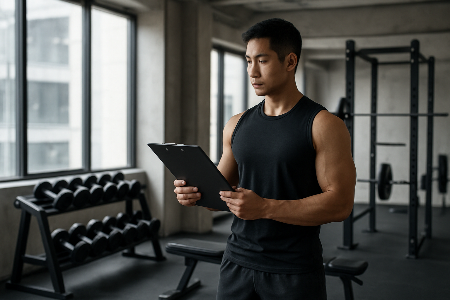 Create a realistic image of a fit Asian male athlete in athletic wear standing in a modern gym setting, holding a clipboard or fitness plan while looking at proper gym equipment including dumbbells, barbells, and a weight rack, with good natural lighting from large windows, conveying a sense of preparation and planning for safe workout routines, absolutely NO text should be in the scene.