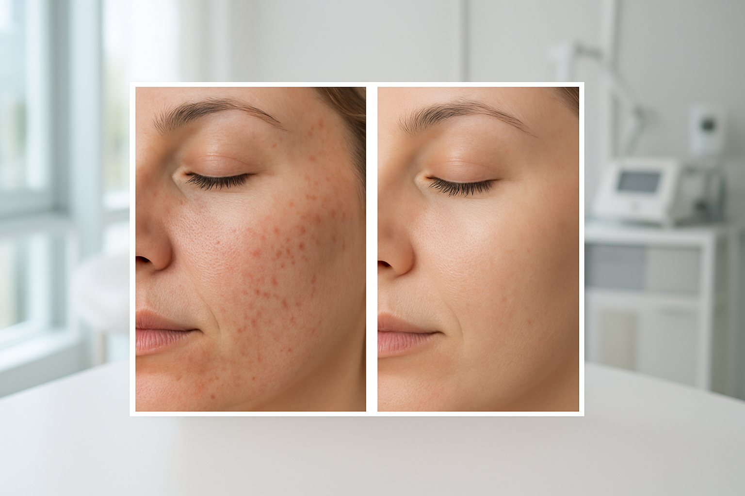 Create a realistic image of a before-and-after style collage showing skin transformation results, featuring close-up shots of facial skin with visible improvements in texture and clarity, displayed on a clean white medical consultation table in a modern dermatology clinic, with soft natural lighting from large windows, professional medical equipment subtly visible in the background, creating a clean and trustworthy medical environment that conveys successful treatment outcomes, absolutely NO text should be in the scene.