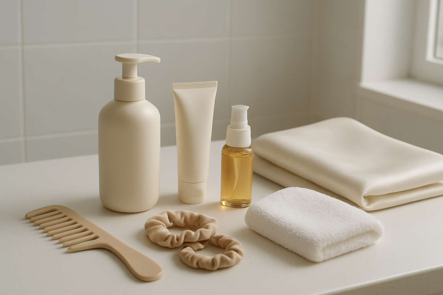 Create a realistic image of various hair care products and tools specifically designed for preventing hair breakage arranged on a clean white bathroom counter, including a wide-tooth comb, silk hair ties, leave-in conditioner bottles, hair oil serum, microfiber towel, and silk pillowcase, with soft natural lighting from a nearby window creating gentle shadows, and a modern minimalist bathroom background with white tiles, conveying a sense of care and prevention rather than treatment, absolutely NO text should be in the scene.