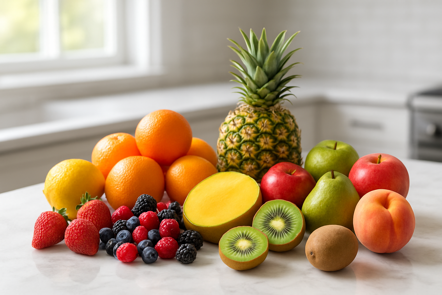 Create a realistic image of a beautiful, abundant display of colorful fresh fruits arranged on a clean white marble kitchen counter, including vibrant oranges, lemons, mixed berries, pineapple slices, red apples, green pears, peaches, and tropical fruits like mango and kiwi, with natural sunlight streaming through a nearby window creating soft shadows and highlighting the natural textures and colors of the fruits, shot from a slightly elevated angle to showcase the variety and freshness, with a modern kitchen background softly blurred, conveying a sense of health, wellness, and daily nutrition in a clean, inviting atmosphere, absolutely NO text should be in the scene.