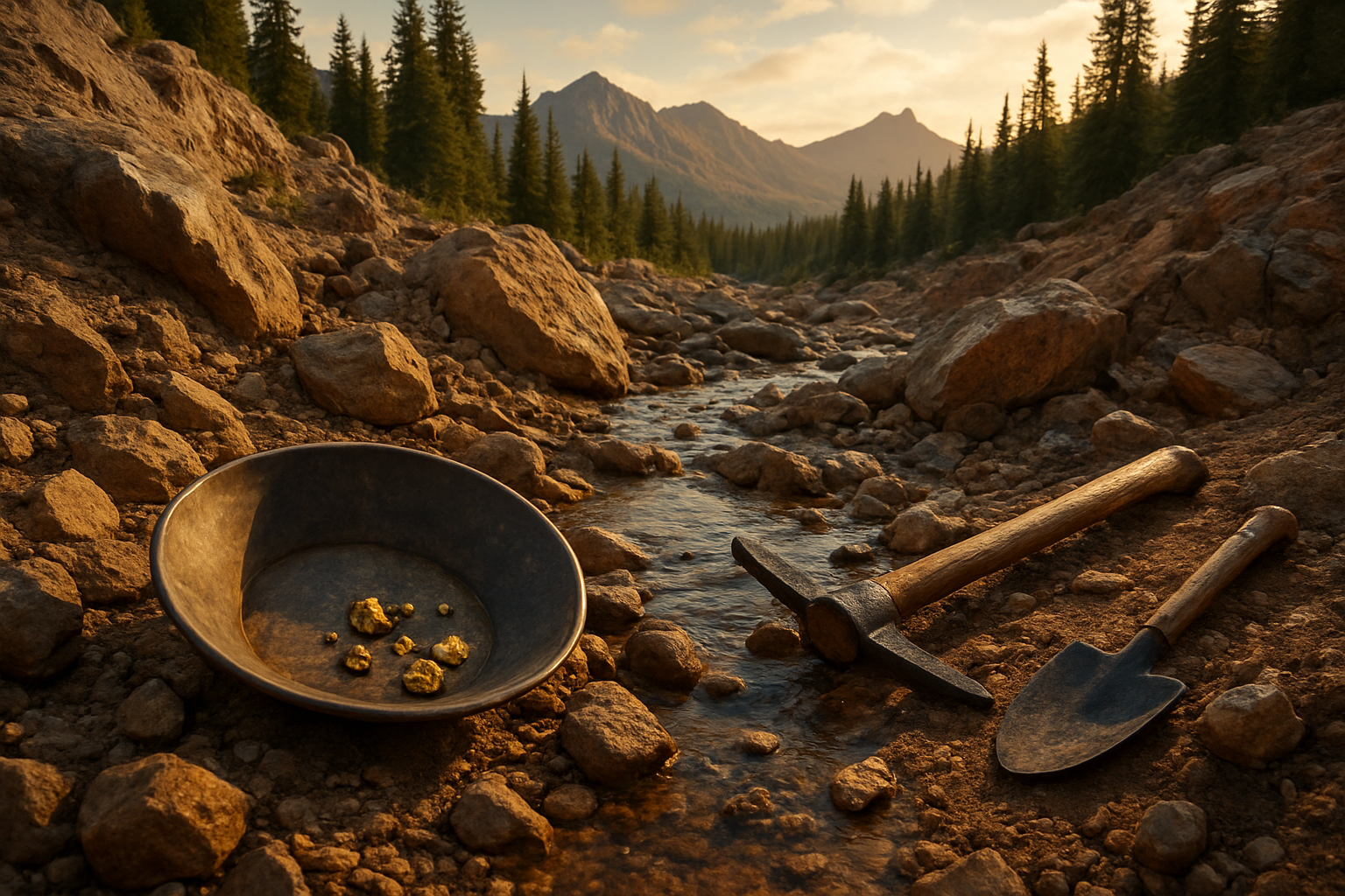 Create a realistic image of a rugged mining site in a mountainous wilderness area with exposed rocky terrain, a small creek with clear water flowing between rocks, mining equipment including a gold pan, pickaxe, and small shovel scattered on the ground, natural gold nuggets visible in the creek bed and on rocky surfaces, surrounded by pine trees and mountain peaks in the background, warm golden hour lighting creating natural shadows, depicting an active gold prospecting location. Absolutely NO text should be in the scene.