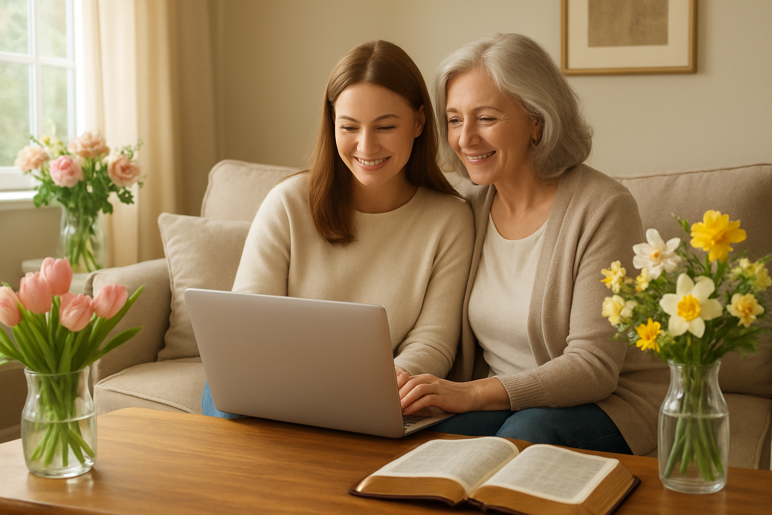 Create a realistic image of a warm, inviting living room scene with a white mother and her adult daughter sitting together on a comfortable couch, looking at a laptop screen with gentle smiles, surrounded by fresh spring flowers in vases, a beautiful leather-bound Bible open on a nearby coffee table, soft natural lighting streaming through a window, creating a peaceful and loving atmosphere that conveys family bonding, faith, and Mother's Day celebration, with absolutely NO text should be in the scene.