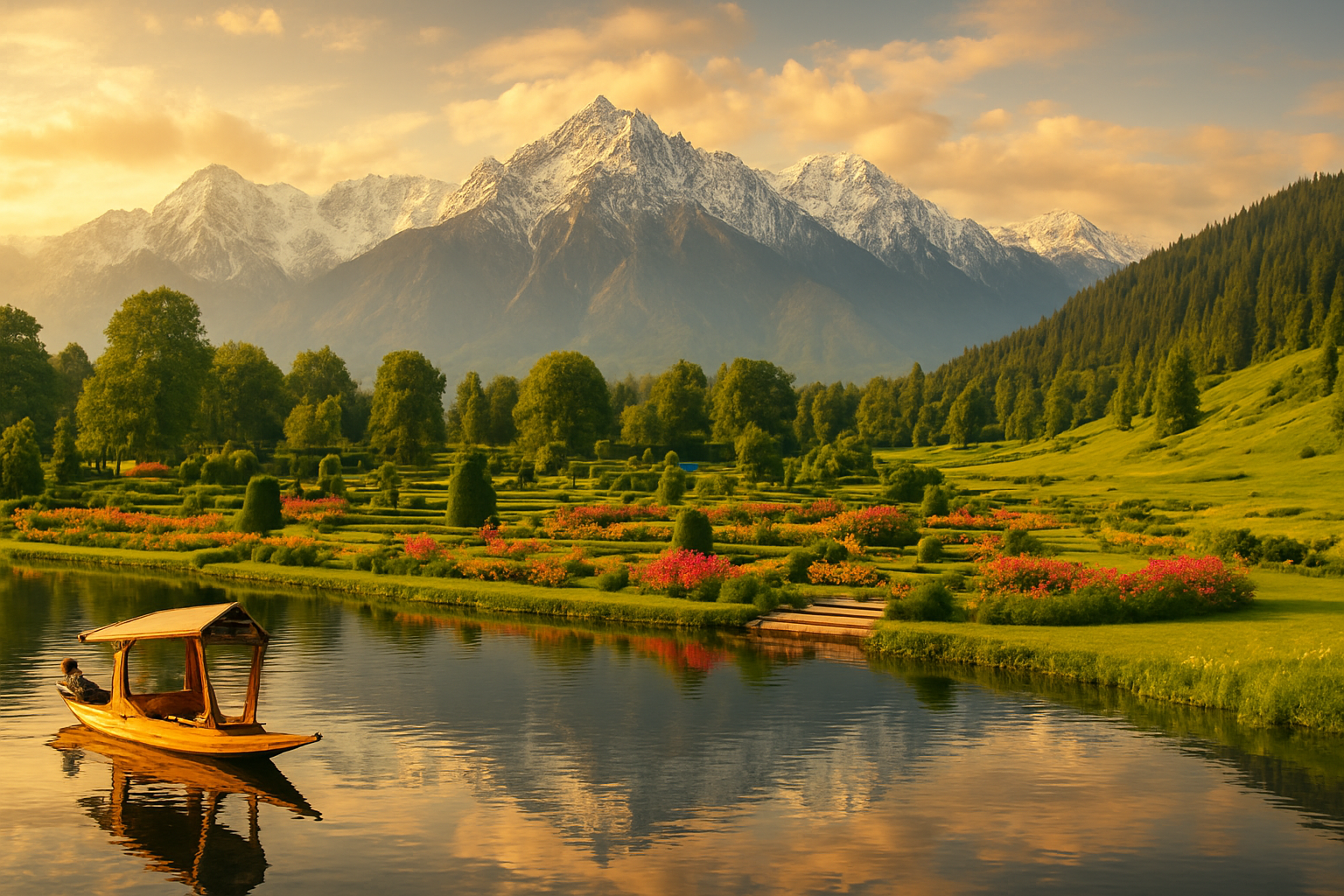 realistic image of a stunning collage-style panoramic view showcasing iconic Kashmir destinations, featuring the serene Dal Lake with traditional wooden Shikara boats floating on calm reflective waters, snow-capped Himalayan mountains in the background, lush green Mughal gardens with colorful blooming flowers, and the picturesque meadows of Gulmarg with distant pine forests, all bathed in warm golden sunlight creating a breathtaking and inviting atmosphere that captures the essence of Kashmir's natural beauty. Absolutely NO text should be in the scene.