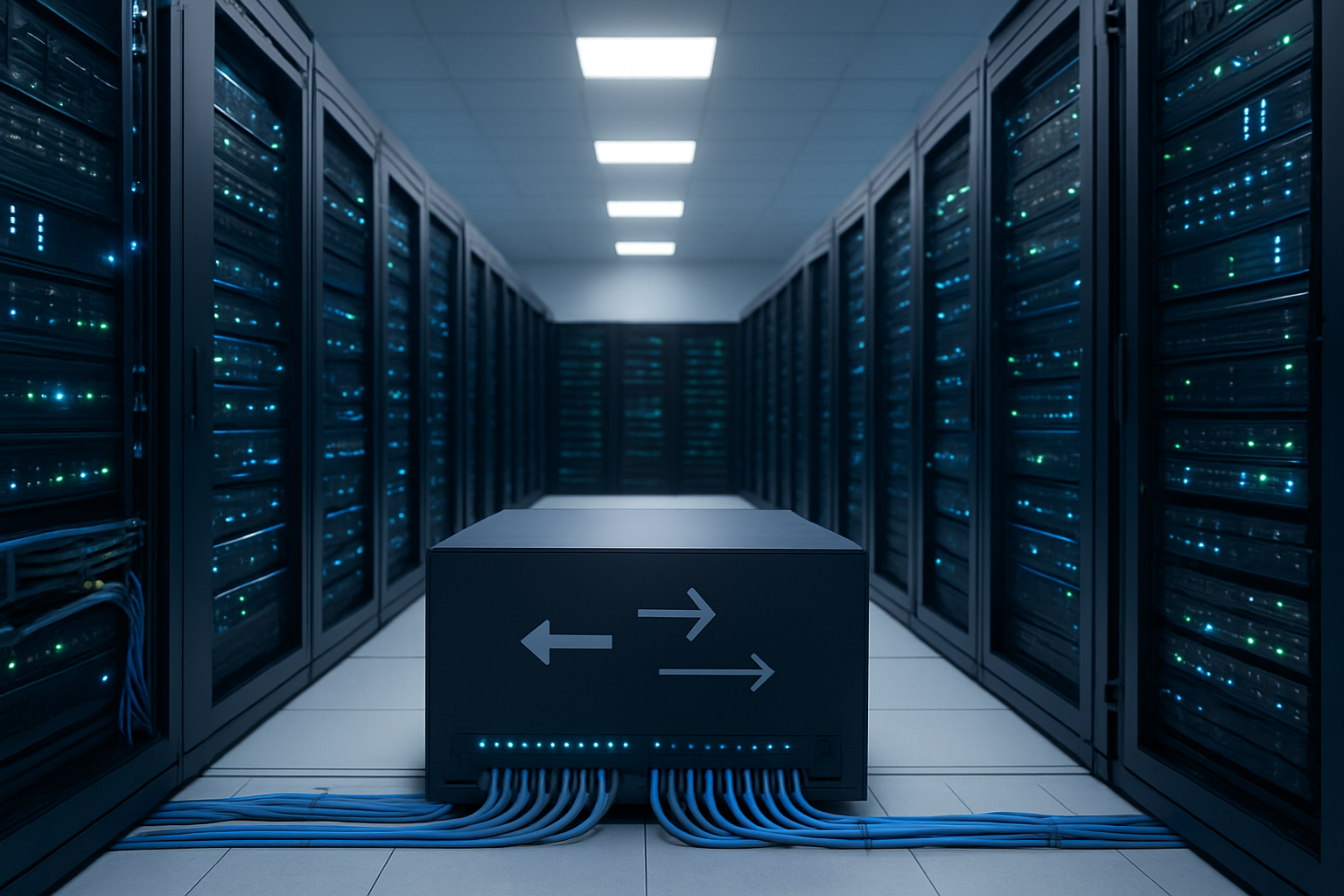 Create a realistic image of a modern data center server room with sleek black server racks arranged in rows, glowing blue and green LED status lights on the equipment, fiber optic cables neatly organized between servers, a central hub or gateway device prominently positioned in the foreground representing a reverse proxy, subtle arrows or directional flow indicators showing data movement from multiple backend servers through the central point, clean white floors with cable management systems, bright white overhead lighting creating a professional tech environment, cool blue ambient lighting from the server equipment, and a sense of organized data flow management throughout the scene, Absolutely NO text should be in the scene.