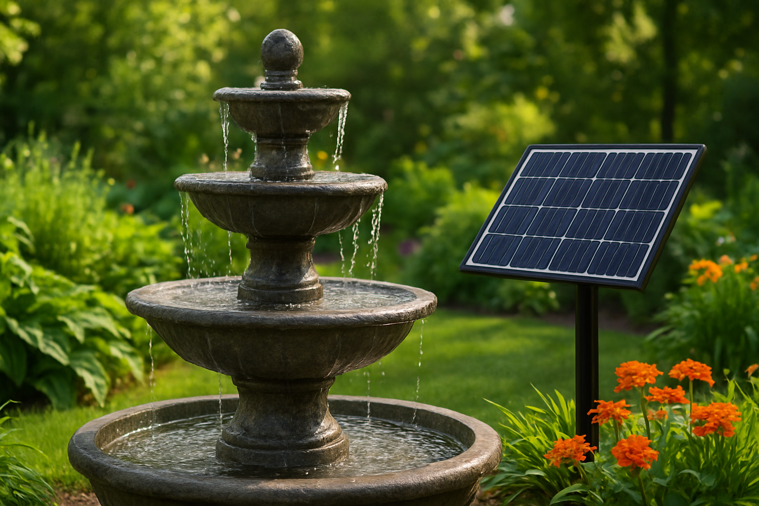 Create a realistic image of a well-maintained solar water fountain in a lush garden setting with crystal clear water flowing smoothly from multiple tiers, surrounded by healthy green plants and flowers, with a clean solar panel positioned at an optimal angle catching bright sunlight, showing the fountain operating at peak performance with pristine water circulation, set against a beautiful outdoor landscape with natural lighting that emphasizes the fountain's excellent condition and successful long-term operation, absolutely NO text should be in the scene.