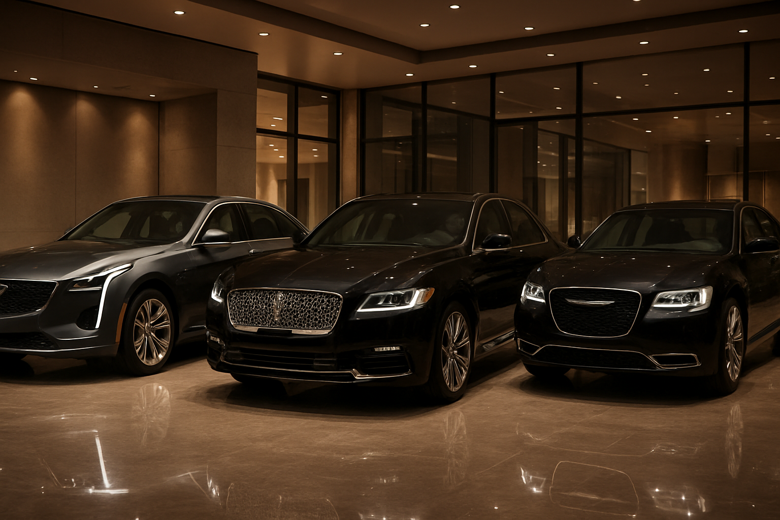 Create a realistic image of three premium American luxury cars including a Cadillac, Lincoln, and Chrysler positioned in an elegant showroom with polished marble floors, sophisticated lighting with warm spotlights highlighting each vehicle's sleek lines and premium finishes, modern glass walls in the background, and upscale dealership atmosphere conveying exclusivity and high resale value, absolutely NO text should be in the scene.