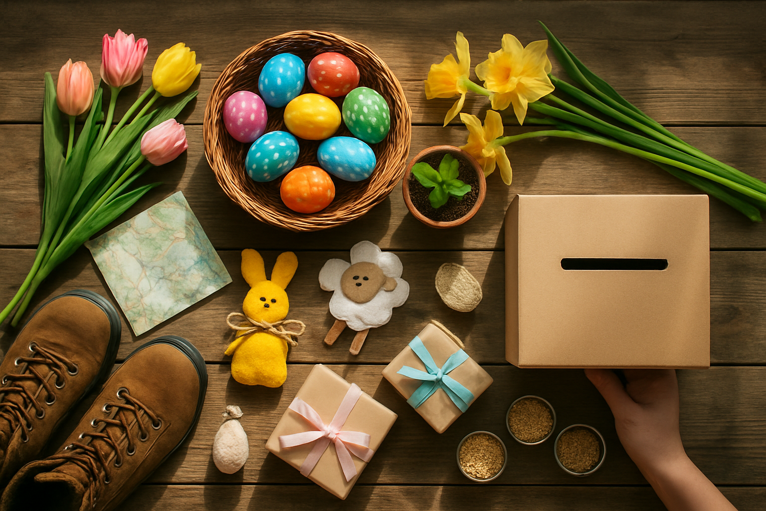 Create a realistic image of a beautifully arranged flat lay composition on a rustic wooden table featuring colorful painted Easter eggs in a wicker basket, fresh spring flowers like tulips and daffodils, a small potted plant, handmade Easter crafts, outdoor adventure items like hiking boots and a map, wrapped gift boxes with pastel ribbons, and volunteer charity donation items, all bathed in soft natural daylight streaming from above, creating a warm and inviting atmosphere that captures the essence of Easter celebration, family traditions, community engagement, and springtime joy, absolutely NO text should be in the scene.