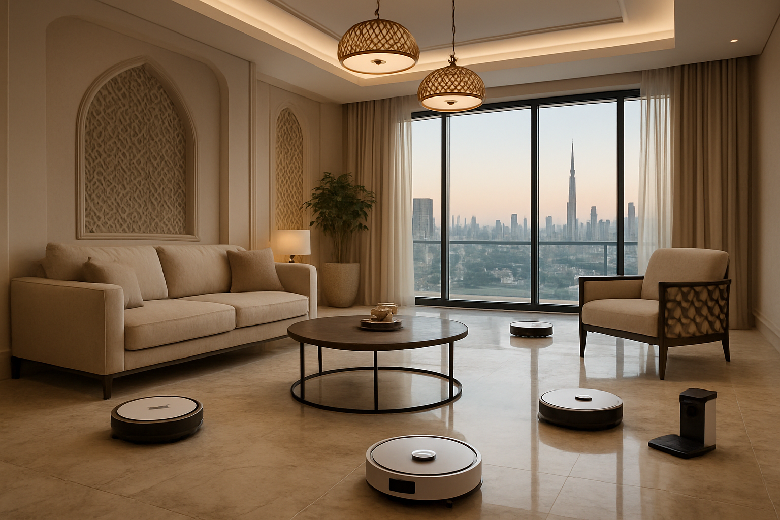 Create a realistic image of a modern, luxurious UAE living room with marble floors and contemporary Arabic-inspired furniture, featuring four different robot vacuum cleaners positioned around the space - one actively cleaning near a sofa, another docked at a charging station, one navigating around a coffee table, and one near the entrance, with warm ambient lighting from elegant ceiling fixtures and large windows showing Dubai skyline in the background, creating a sophisticated and clean atmosphere that represents the convenience and automation of smart home cleaning technology, Absolutely NO text should be in the scene.