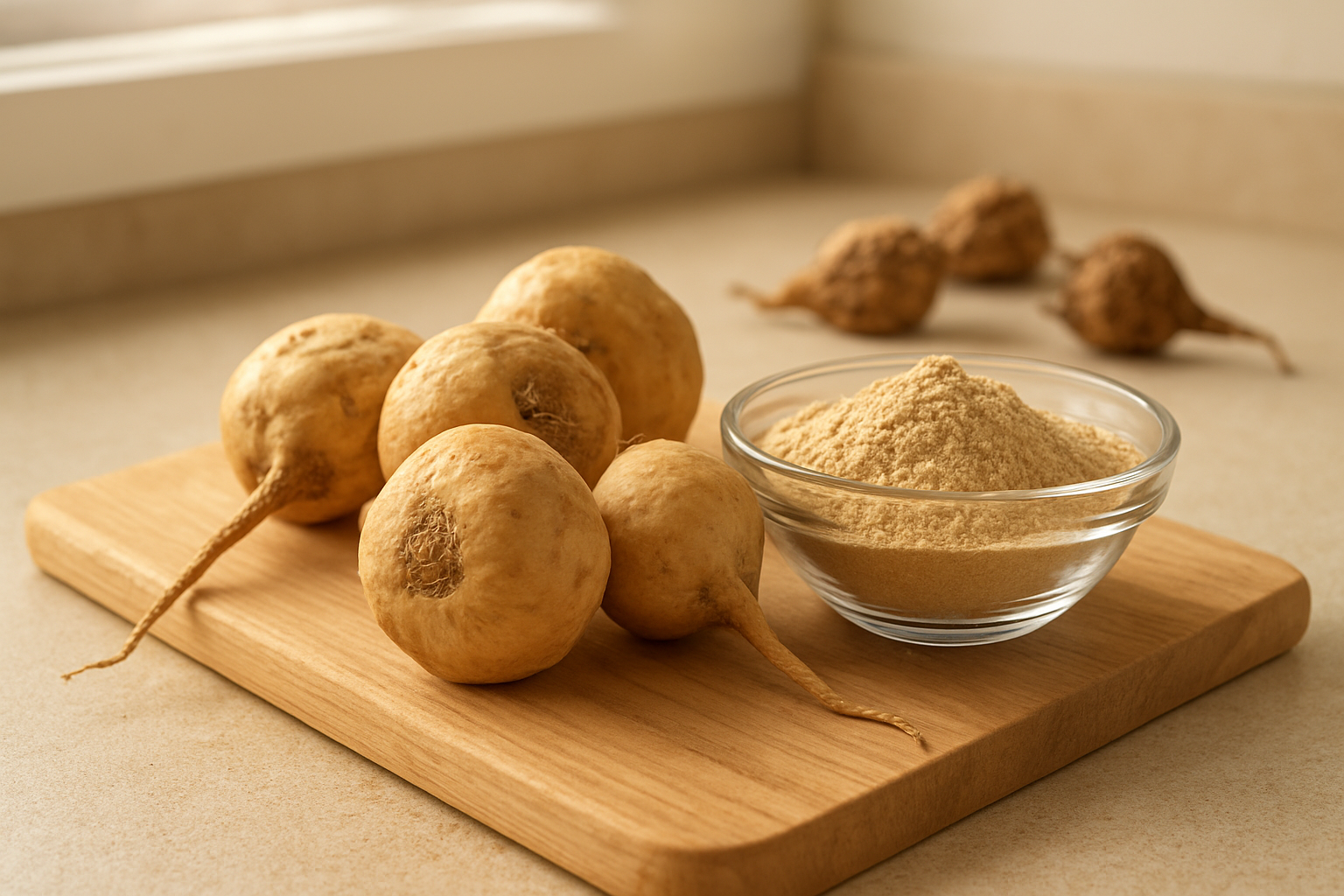 Raízes inteiras e pó de Maca Peruana em tábua de madeira, destacando ingrediente natural para saúde e bem-estar.