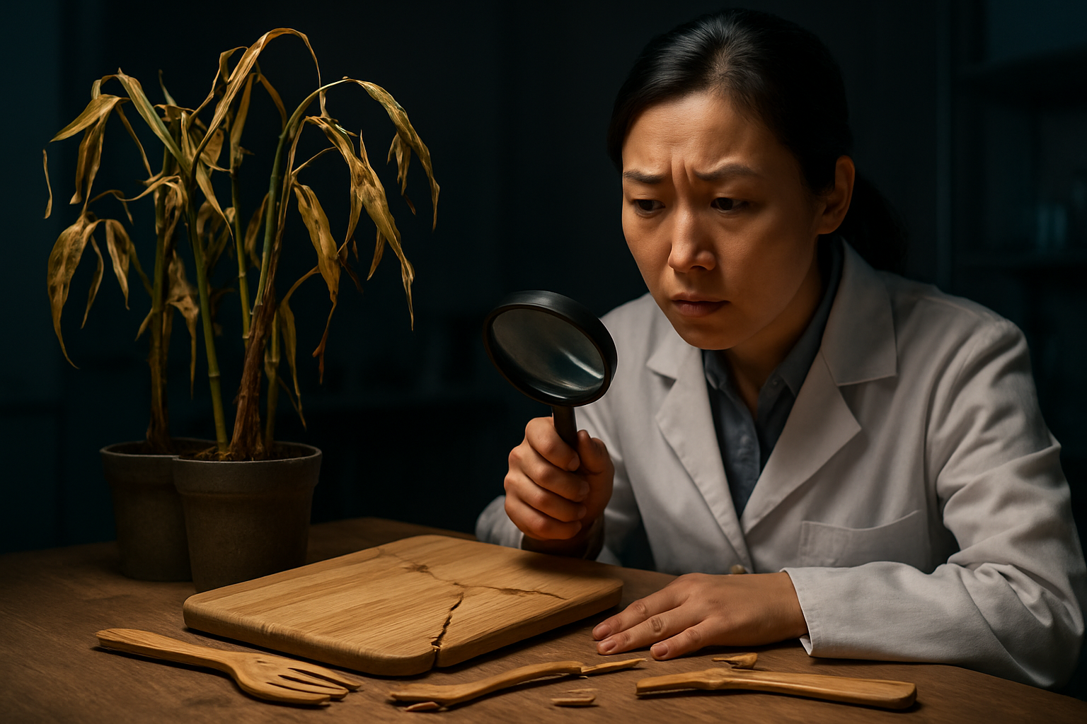 Create a realistic image of wilted and damaged bamboo plants with yellowing leaves alongside discarded broken bamboo products like cracked cutting boards and split utensils scattered on a wooden surface, with a concerned Asian female researcher in a lab coat examining the items with a magnifying glass, set in a dim laboratory environment with soft overhead lighting casting shadows, conveying a sense of investigation and caution about potential issues. Absolutely NO text should be in the scene.