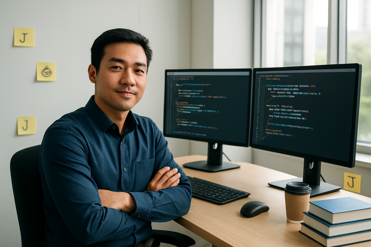 Create a realistic image of a confident Asian male software developer sitting at a modern desk with dual monitors displaying Java code snippets, surrounded by programming books and a coffee cup, with a bright office environment featuring large windows with natural lighting, conveying a sense of accomplishment and expertise, with Java-related programming symbols subtly visible on sticky notes around the workspace, absolutely NO text should be in the scene.