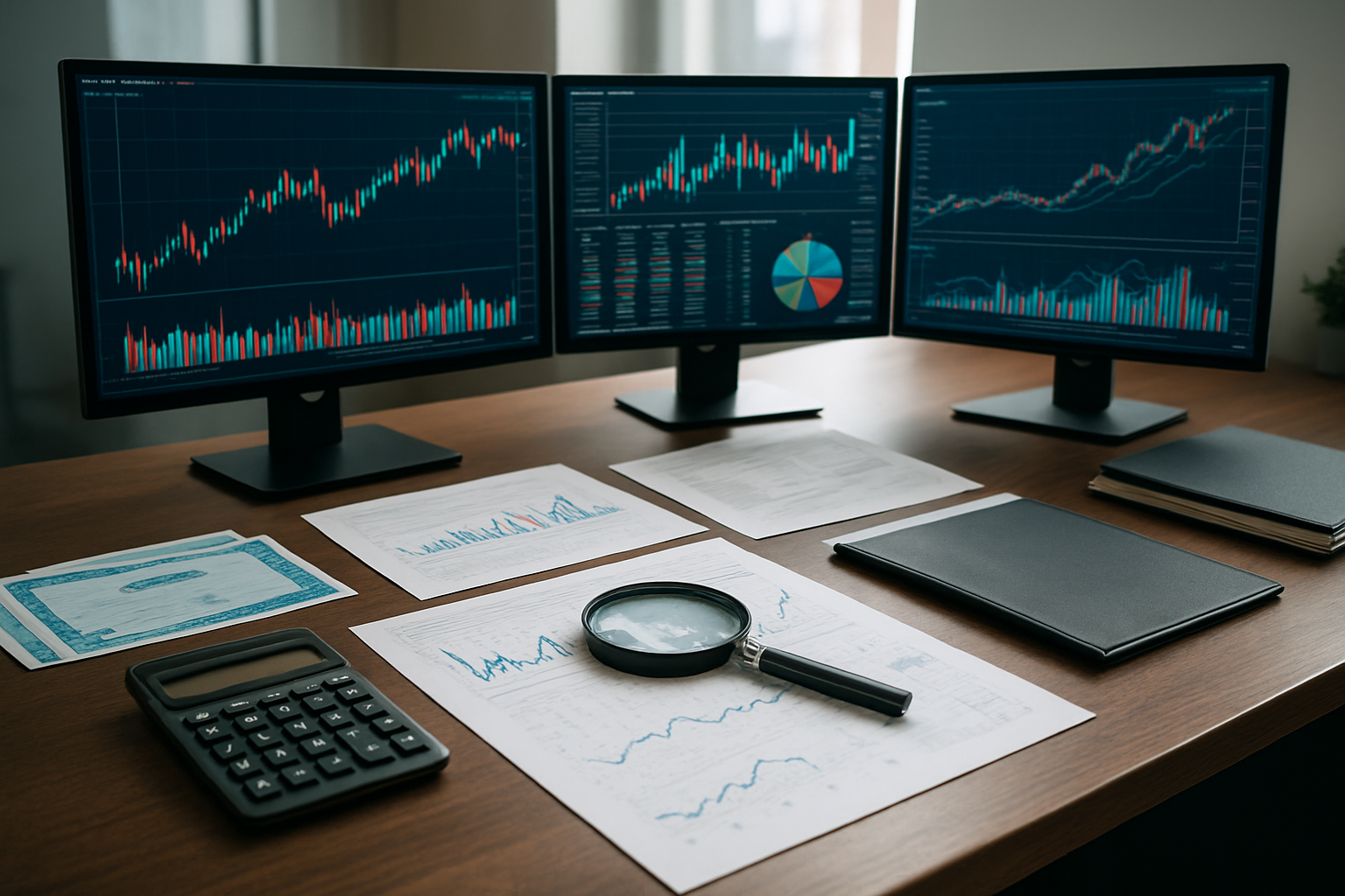 Create a realistic image of a sophisticated financial analysis workspace featuring a modern desk with multiple computer monitors displaying colorful stock charts, graphs, and financial data visualizations, a calculator, financial documents with performance metrics spread across the desk, a magnifying glass positioned over stock analysis papers, blue-colored stock certificates or financial reports, a professional portfolio folder, and investment research materials, set in a well-lit modern office environment with clean lighting that emphasizes the analytical and strategic nature of investment decision-making, conveying a mood of careful research and smart financial planning. Absolutely NO text should be in the scene.